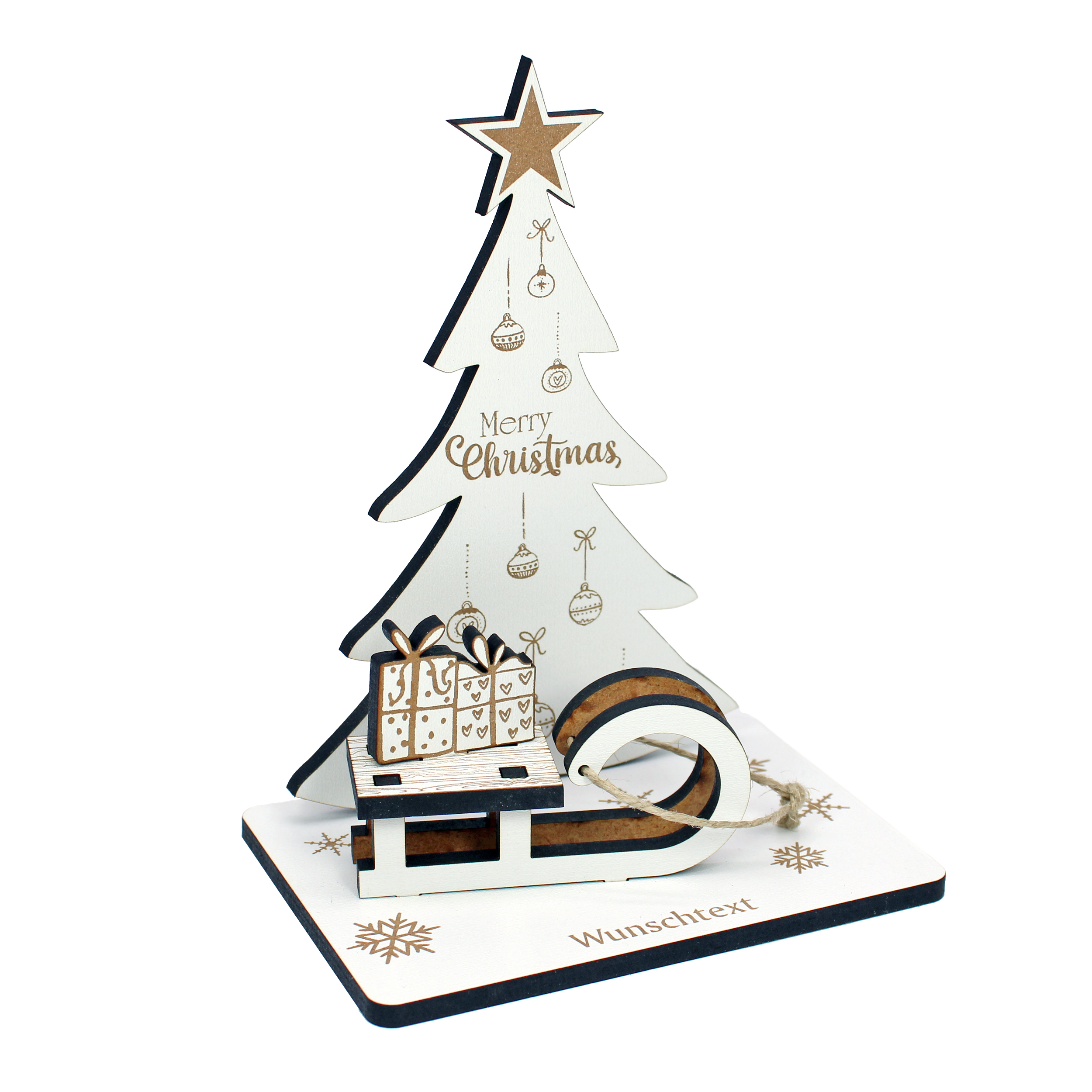 Geldgeschenk Weihnachten - Tannenbaum 'Merry Christmas' und Schlitten - Schild für Geld Gutschein 13 x 16 cm