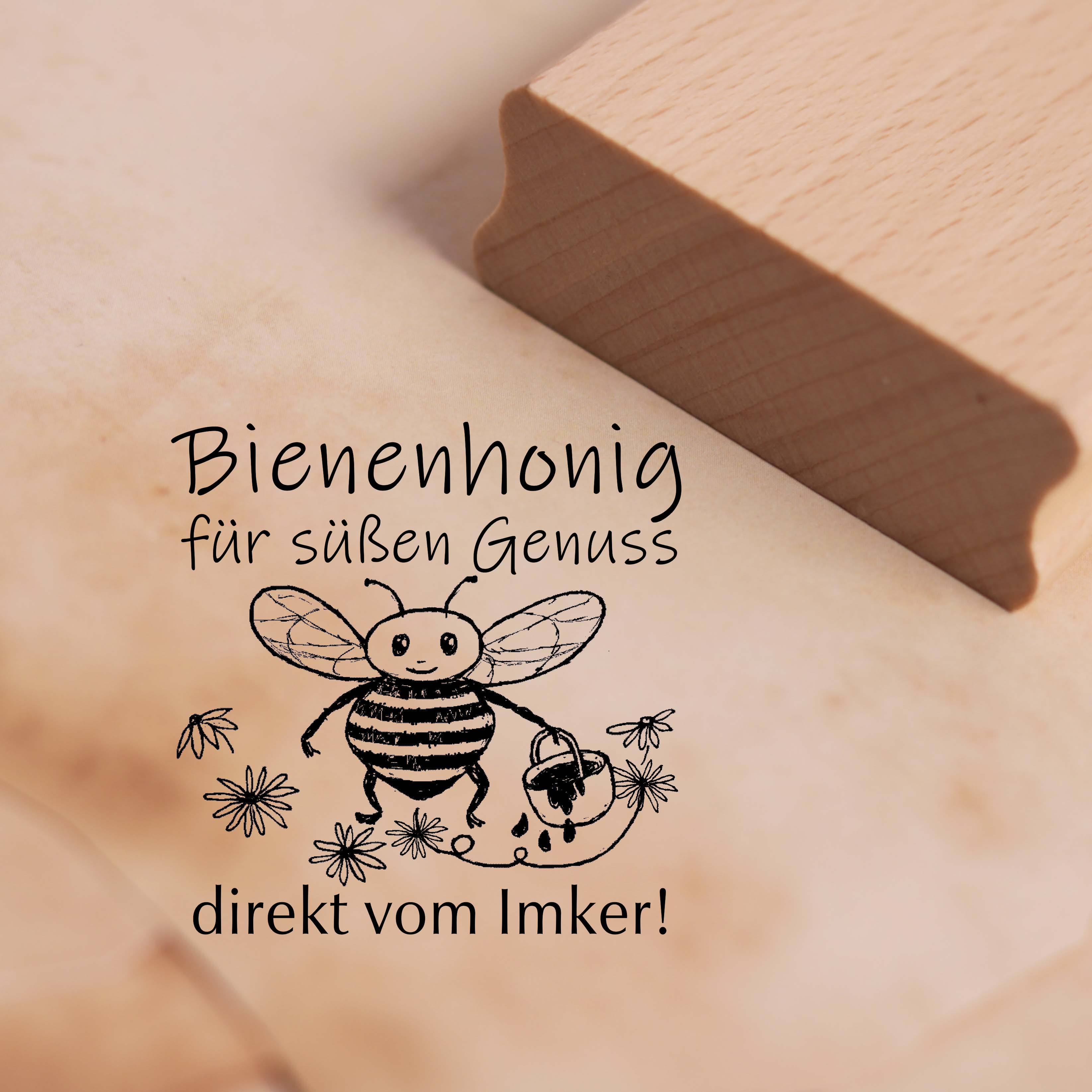 Motivstempel Bienenhonig für süßen Genuss - direkt vom Imker - Stempel Holzstempel 48 x 48 mm
