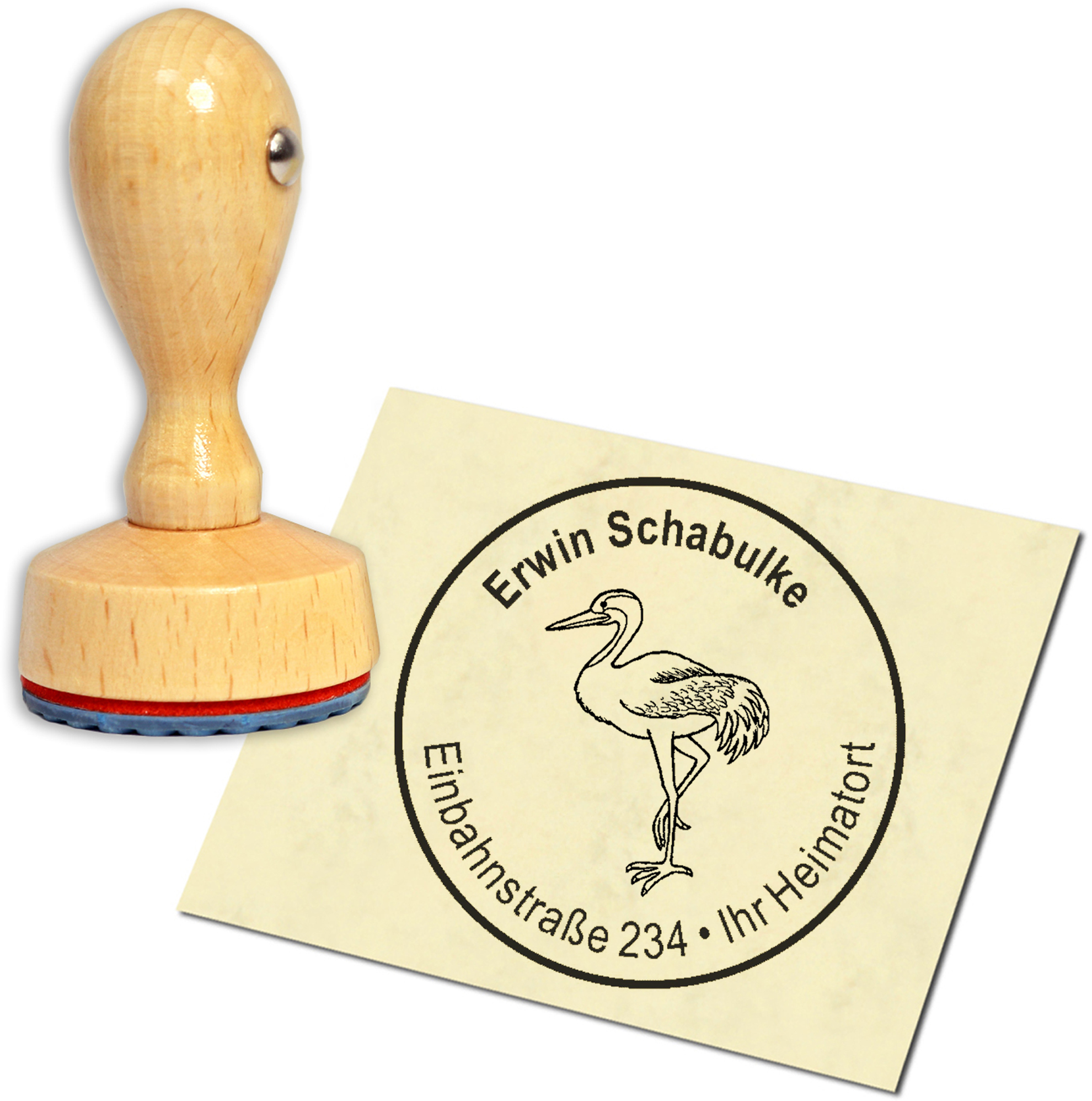Stempel Adressstempel Holzstempel - Kranich - rund 40mm
