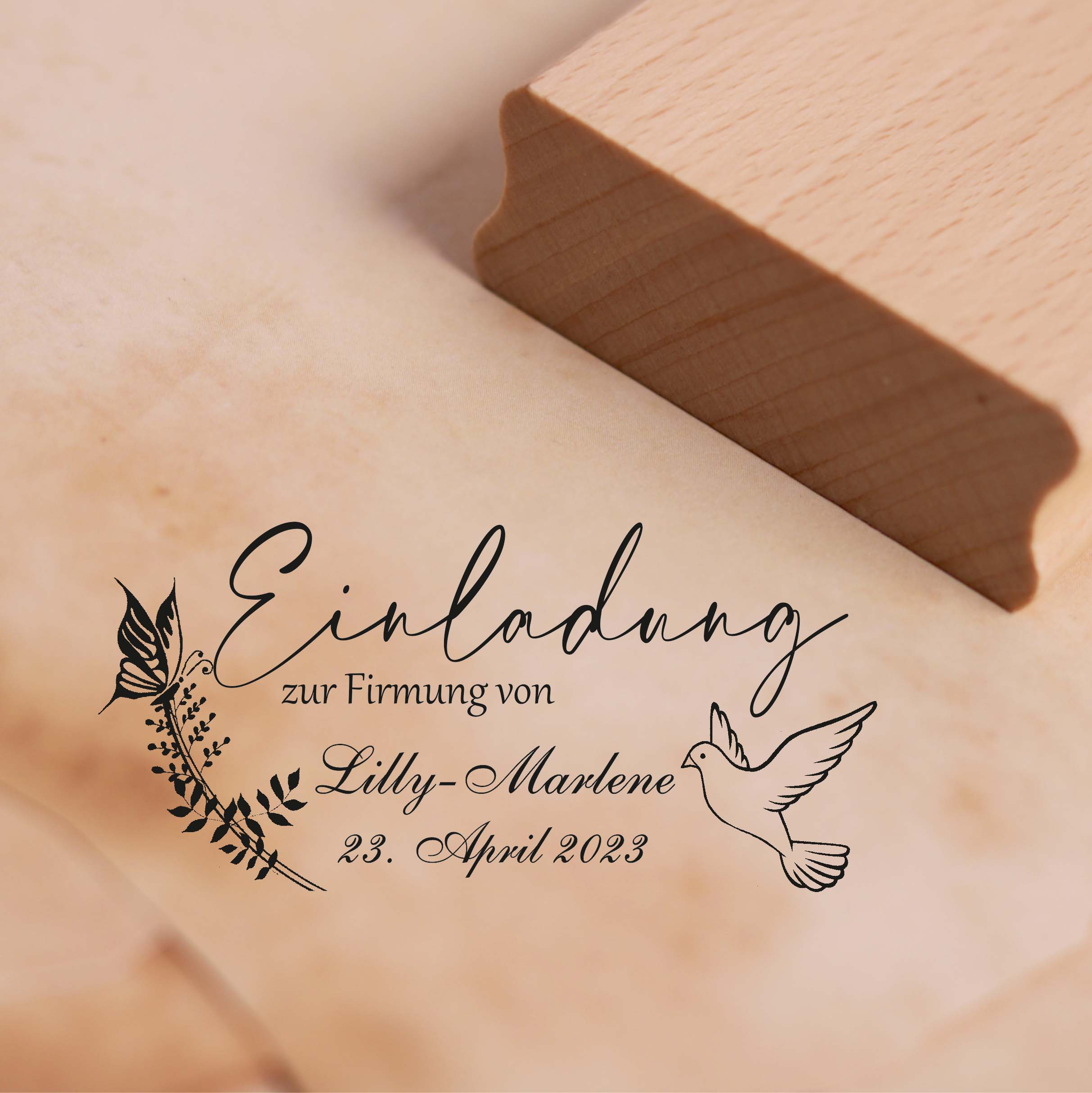 Stempel Einladung zur Firmung von - mit Name und Datum - Taube Schmetterling 58x28mm