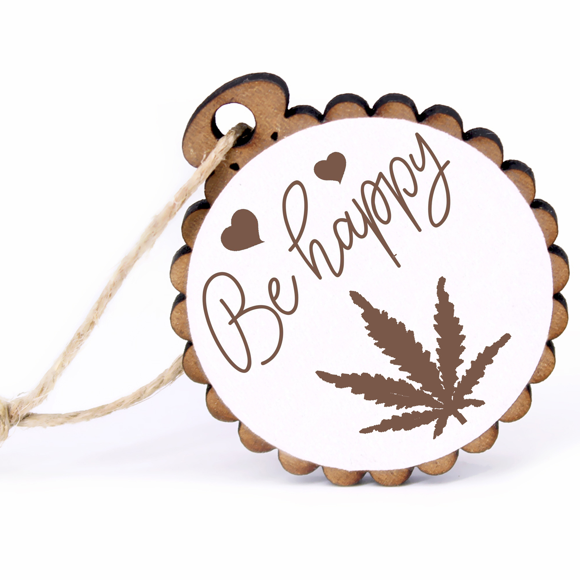 Geschenkanhänger - Be Happy Hanf -  Holz Ø-5cm - mit Juteband