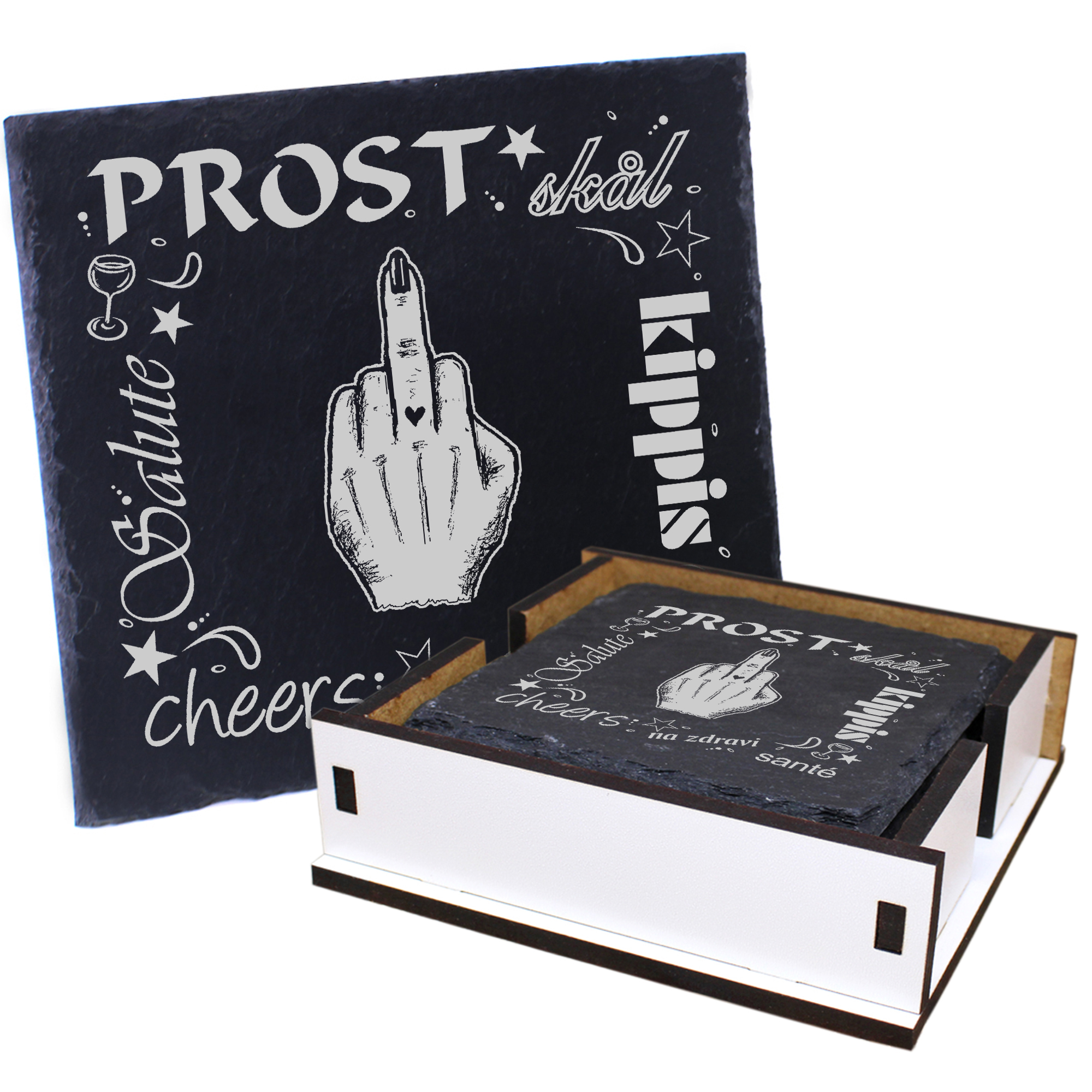 5 x Schiefer Untersetzer - Prost Stinkefinger Frau - inkl. Holzbox & Flaschenuntersetzer