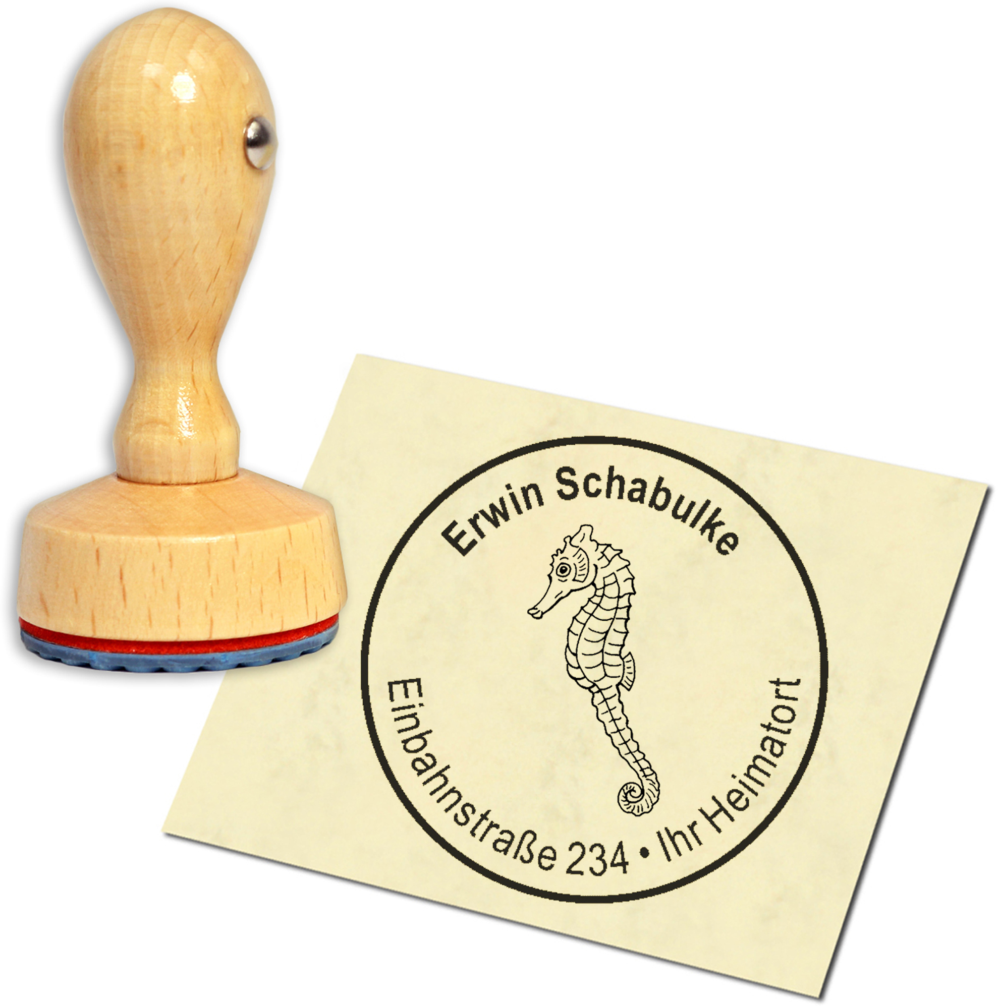 Stempel Adressstempel Holzstempel - Seepferdchen - rund 40mm