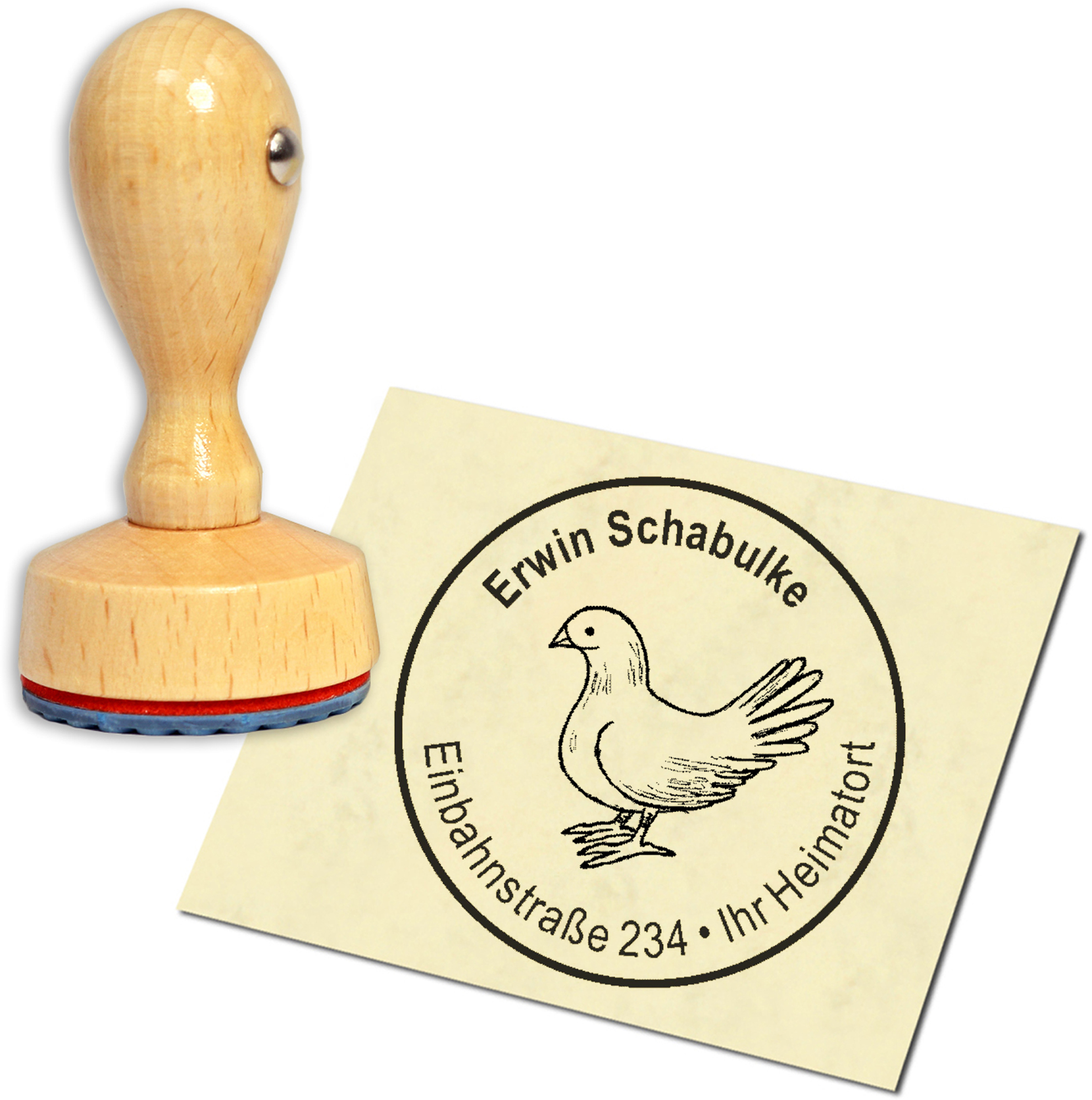 Stempel Adressstempel Holzstempel - sitzende Taube - rund 40mm