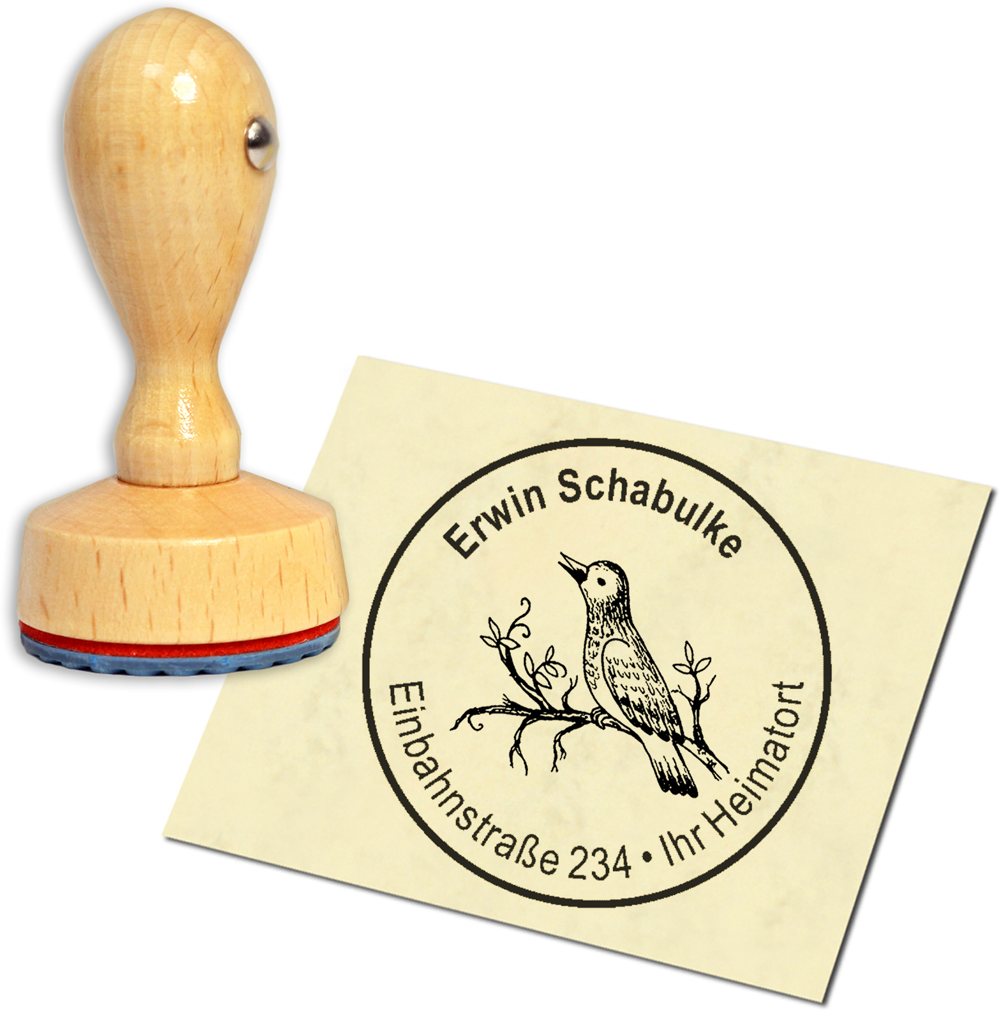 Stempel Adressstempel Holzstempel - singender Vogel - rund 40mm