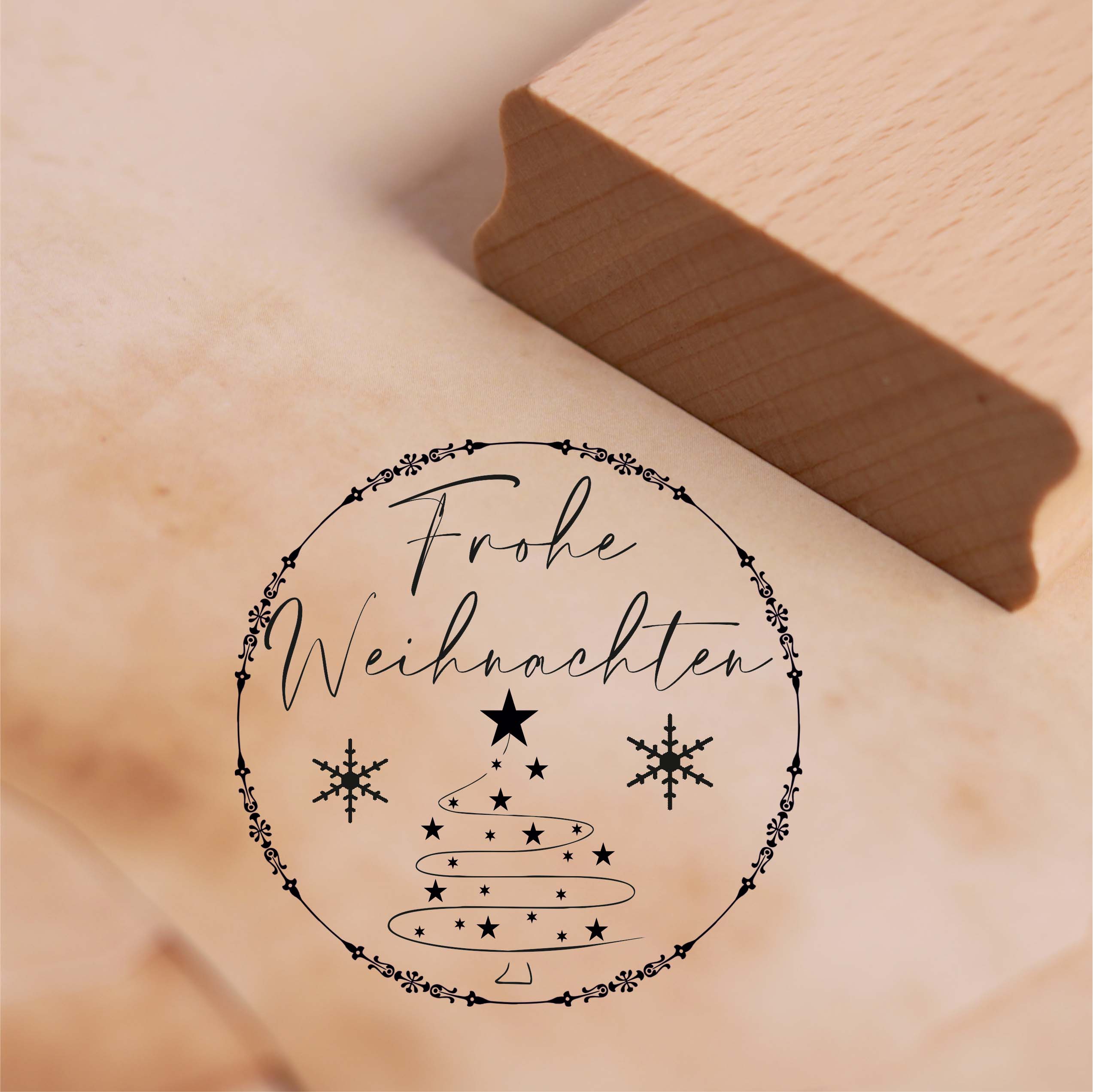 Motivstempel Frohe Weihnachten - Kranz Tannenbaum Stempel Schneeflocke - Ø 48 mm