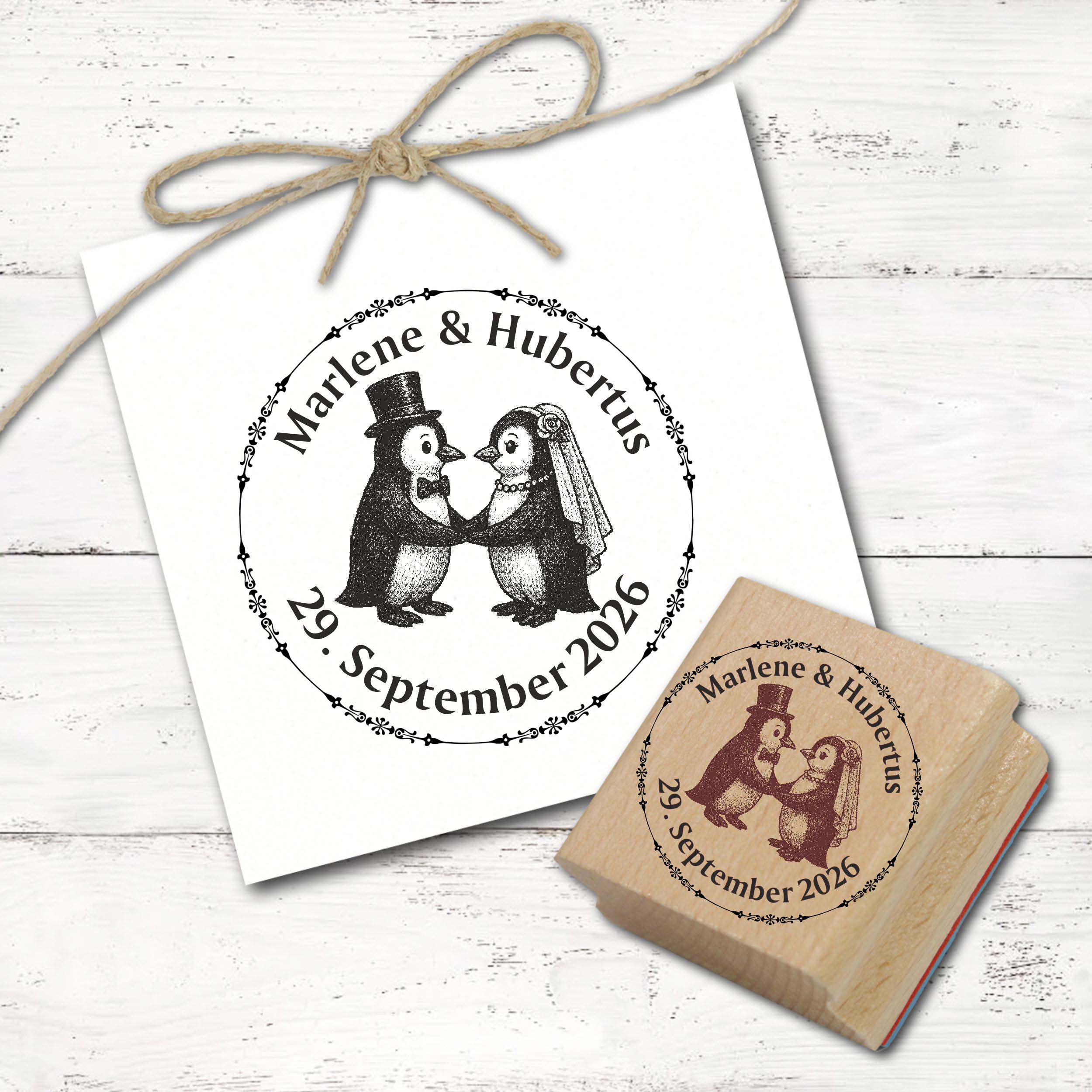 Motivstempel Hochzeitsstempel personalisiert mit Namen & Datum - Stempel mit Pinguin Motiv - Abdruck Ø 48 mm 