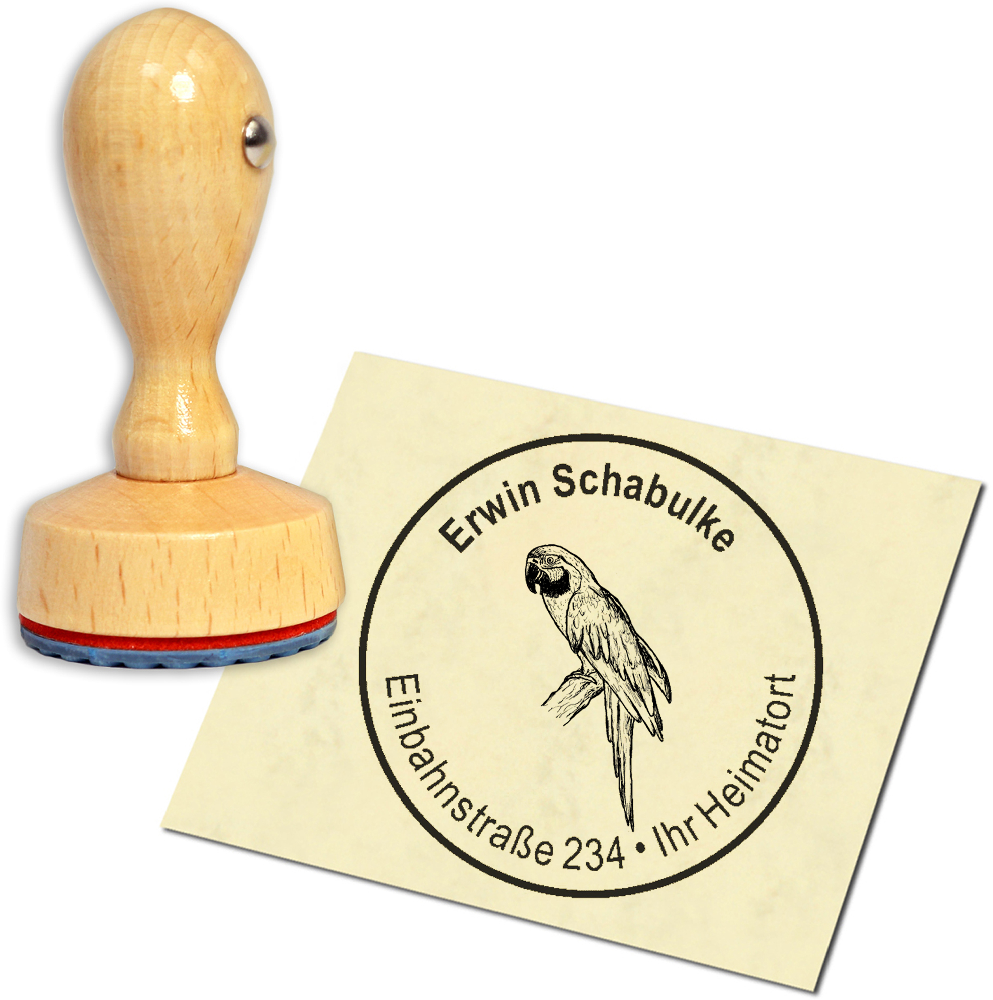 Stempel Adressstempel Holzstempel - Papagei auf Ast - rund 40mm