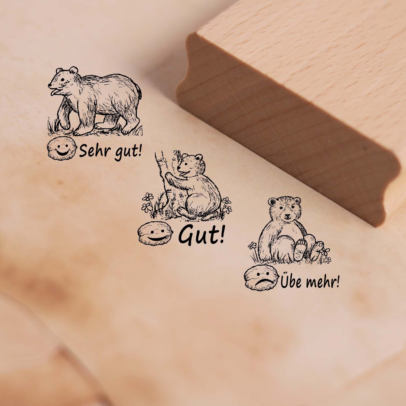 Lehrerstempel Bär im Set - 3 Bären kleiner Braunbär Motivstempel mit Spruch und Motiv für Schule ca. 28 x 28 mm