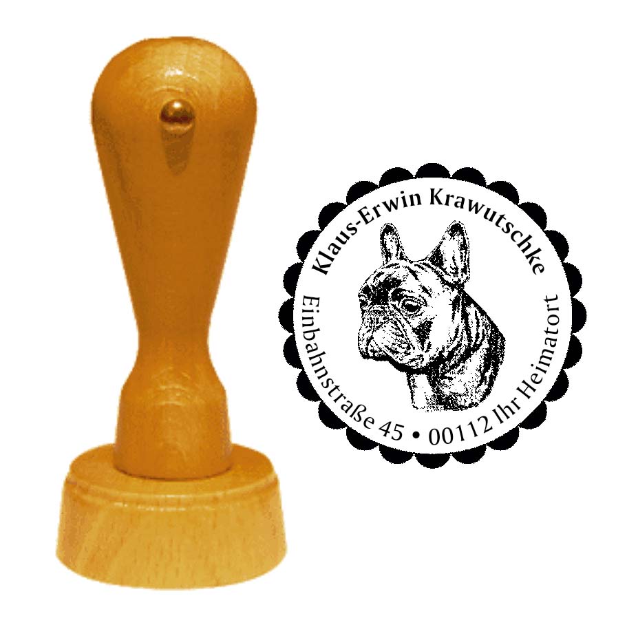 Adressstempel Französische Bulldogge -  Holzstempel personalisiert mit Adresse - Ø 40 mm