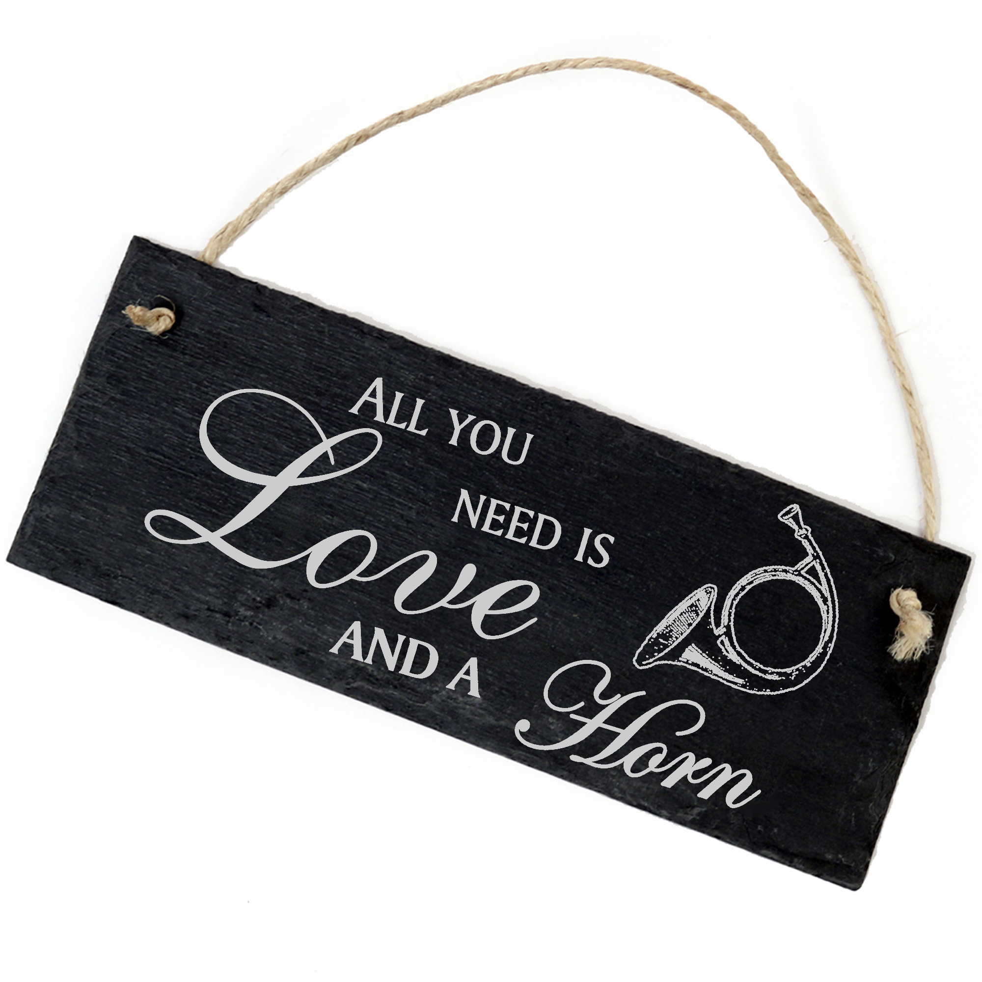 Schiefertafel Deko Horn Schild 22 x 8 cm - All you need is Love and a Horn