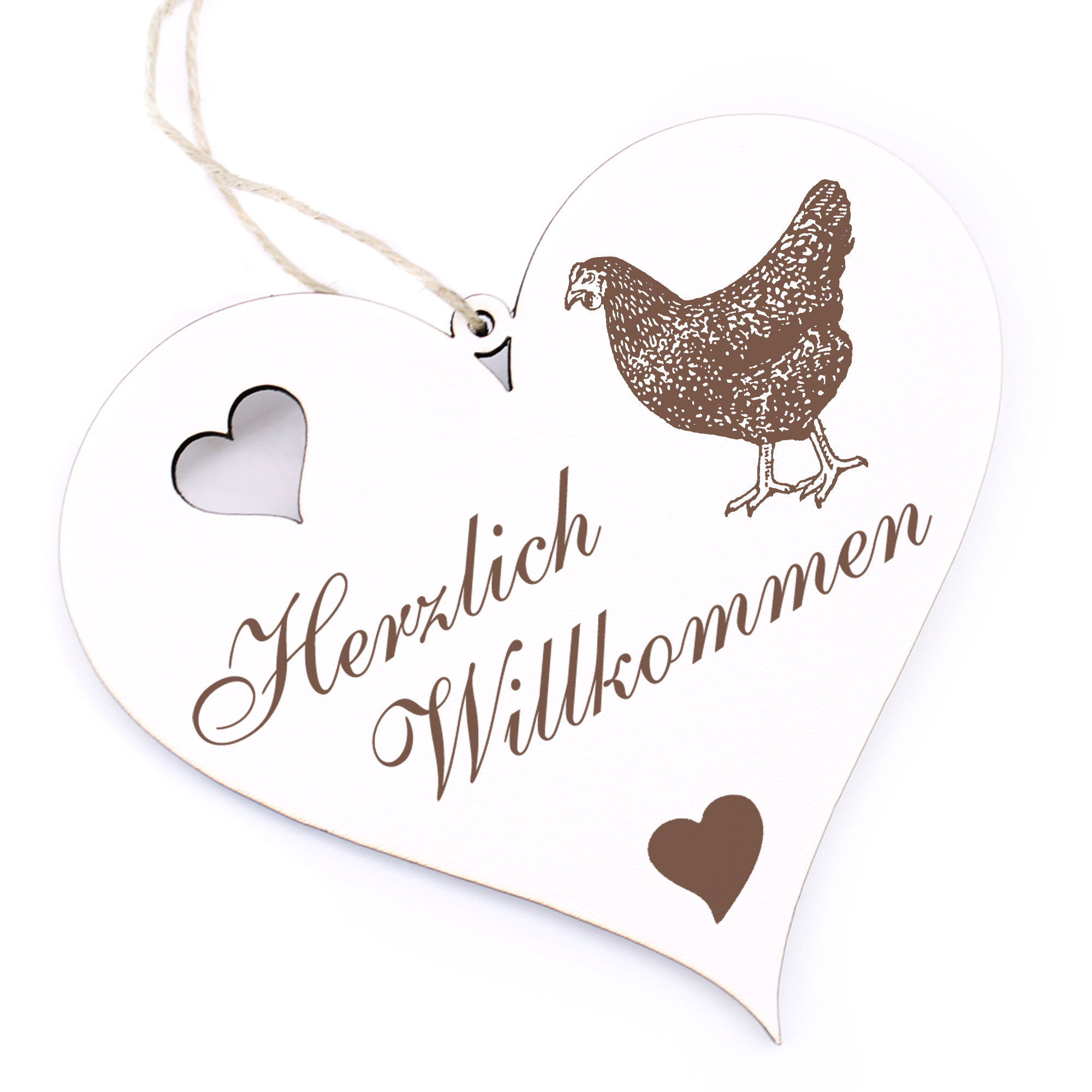 Herzlich Willkommen Schild - dunkles Huhn - Deko Herz Holz