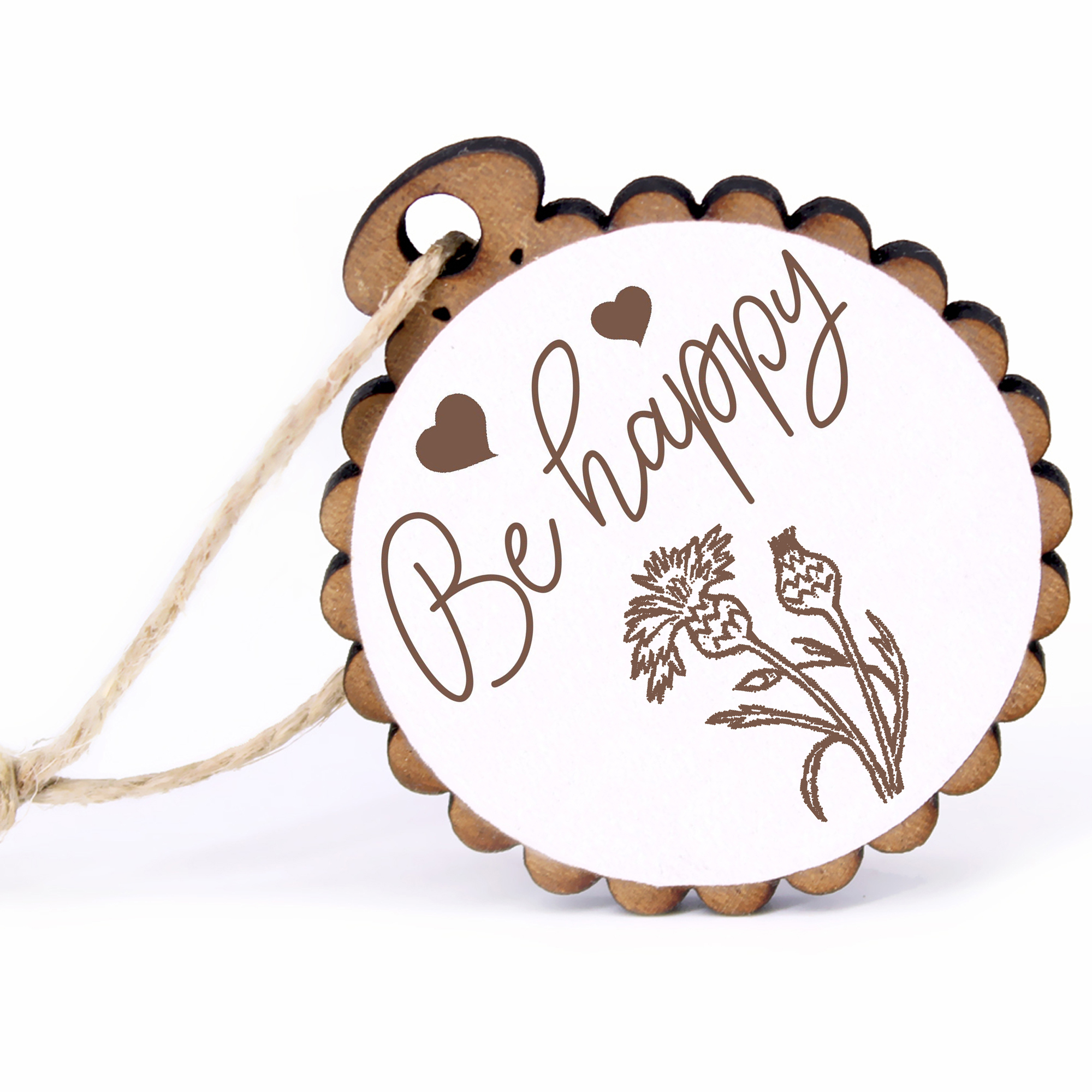 Geschenkanhänger - Be Happy Kornblume -  Holz Ø-5cm - mit Juteband