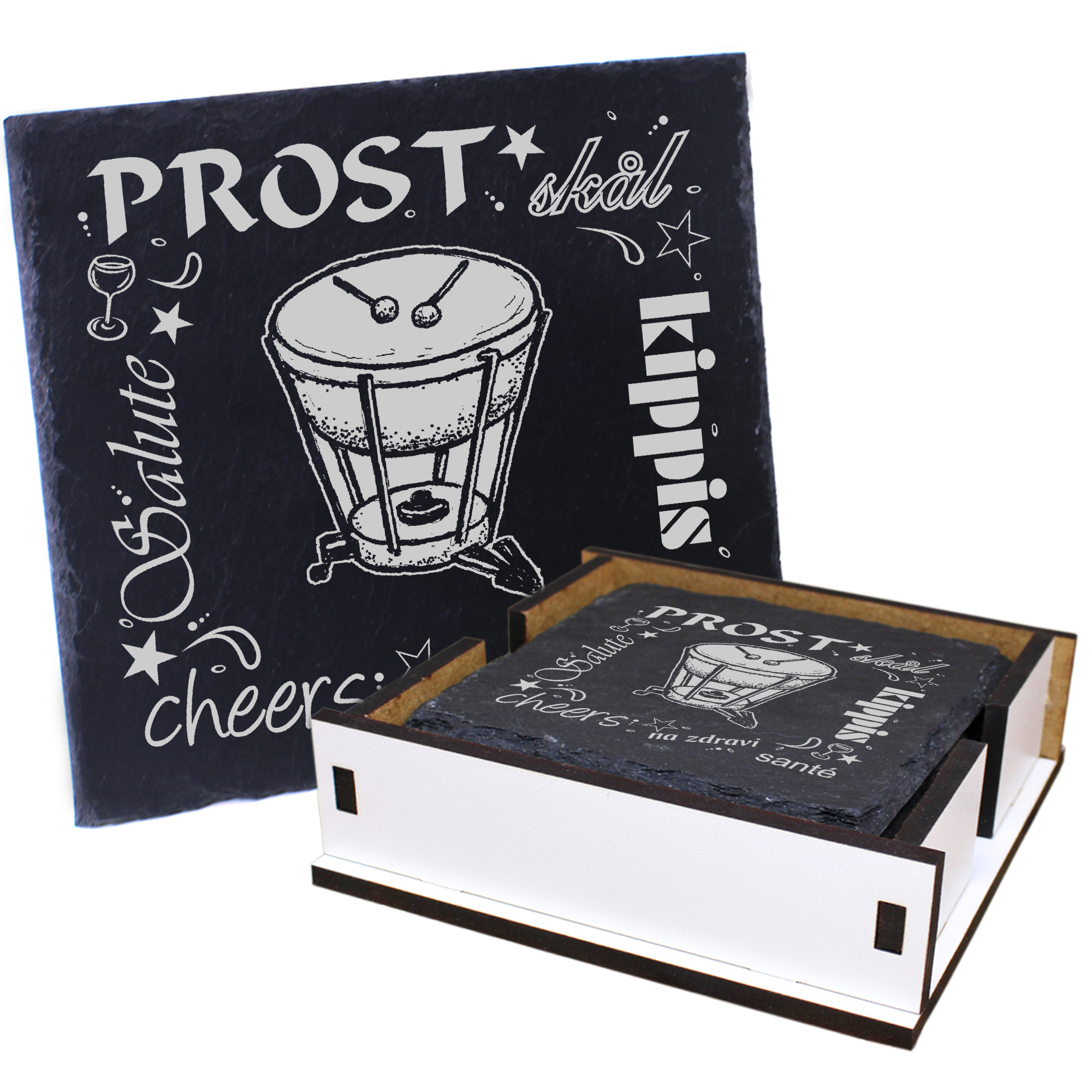 5 x Schiefer Untersetzer - Prost Pauke - inkl. Holzbox & Flaschenuntersetzer