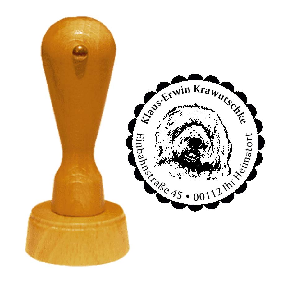 Adressstempel Bobtail -  Holzstempel personalisiert mit Adresse - Ø 40 mm