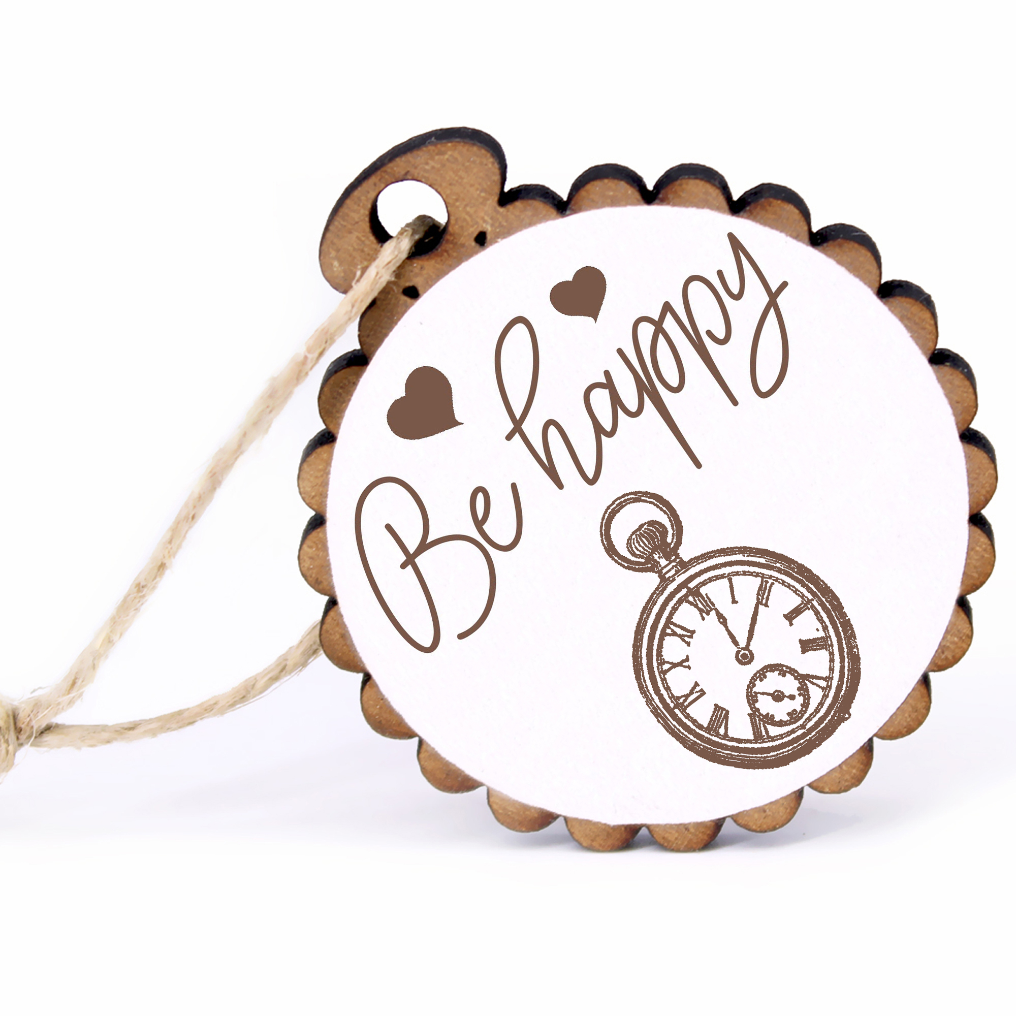 Geschenkanhänger - Be Happy Taschenuhr -  Holz Ø-5cm - mit Juteband