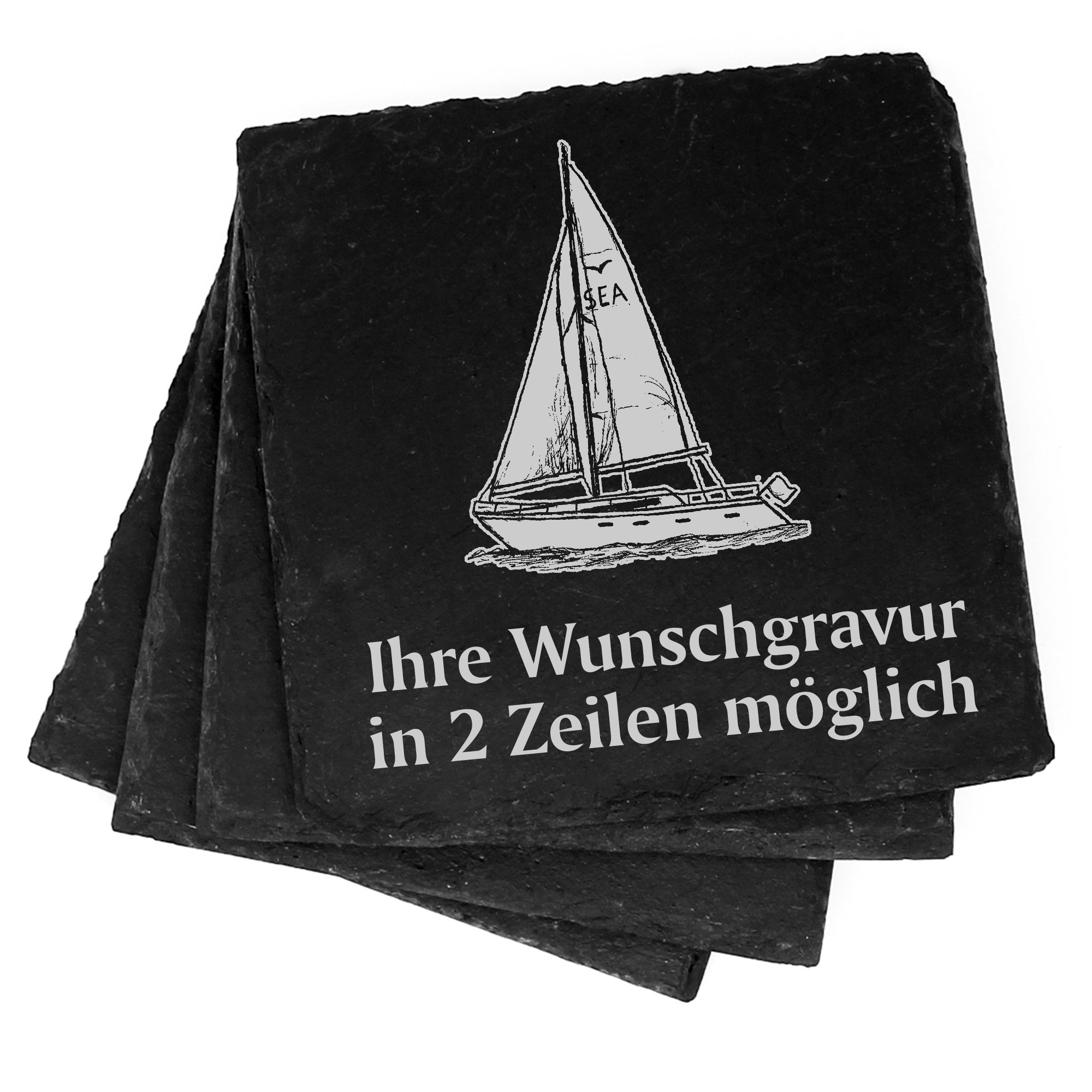 4x Segelboot Deko Schiefer Untersetzer Wunschgravur Set - 11 x 11 cm