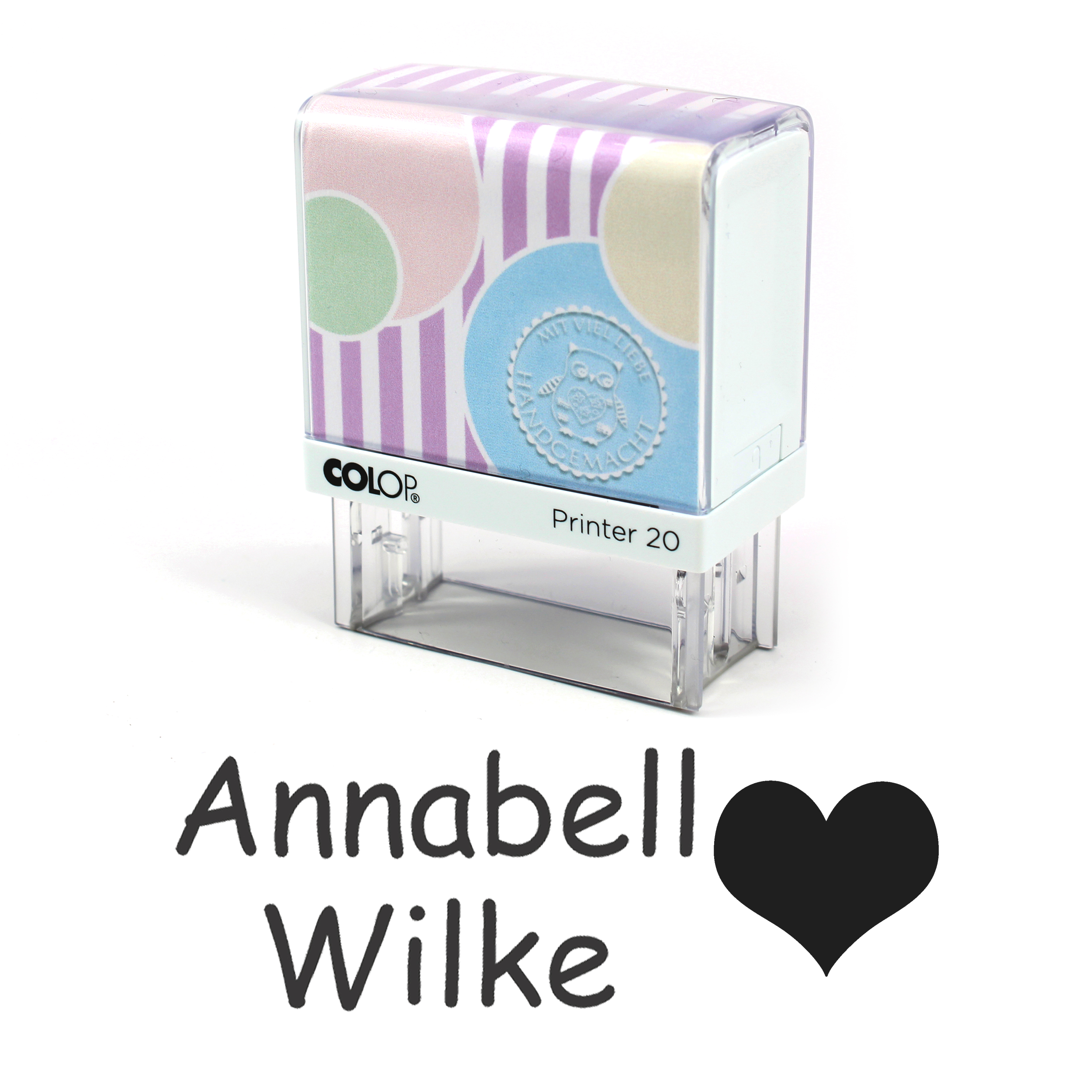 Textilstempel Herz - personalisierter Automatikstempel mit Namen - für Textilien Kleidung 38x14mm