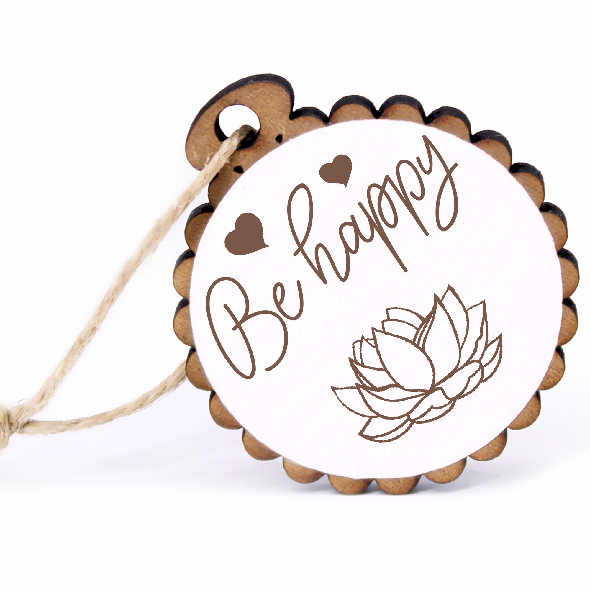 Geschenkanhänger - Be Happy Lotos -  Holz Ø-5cm - mit Juteband