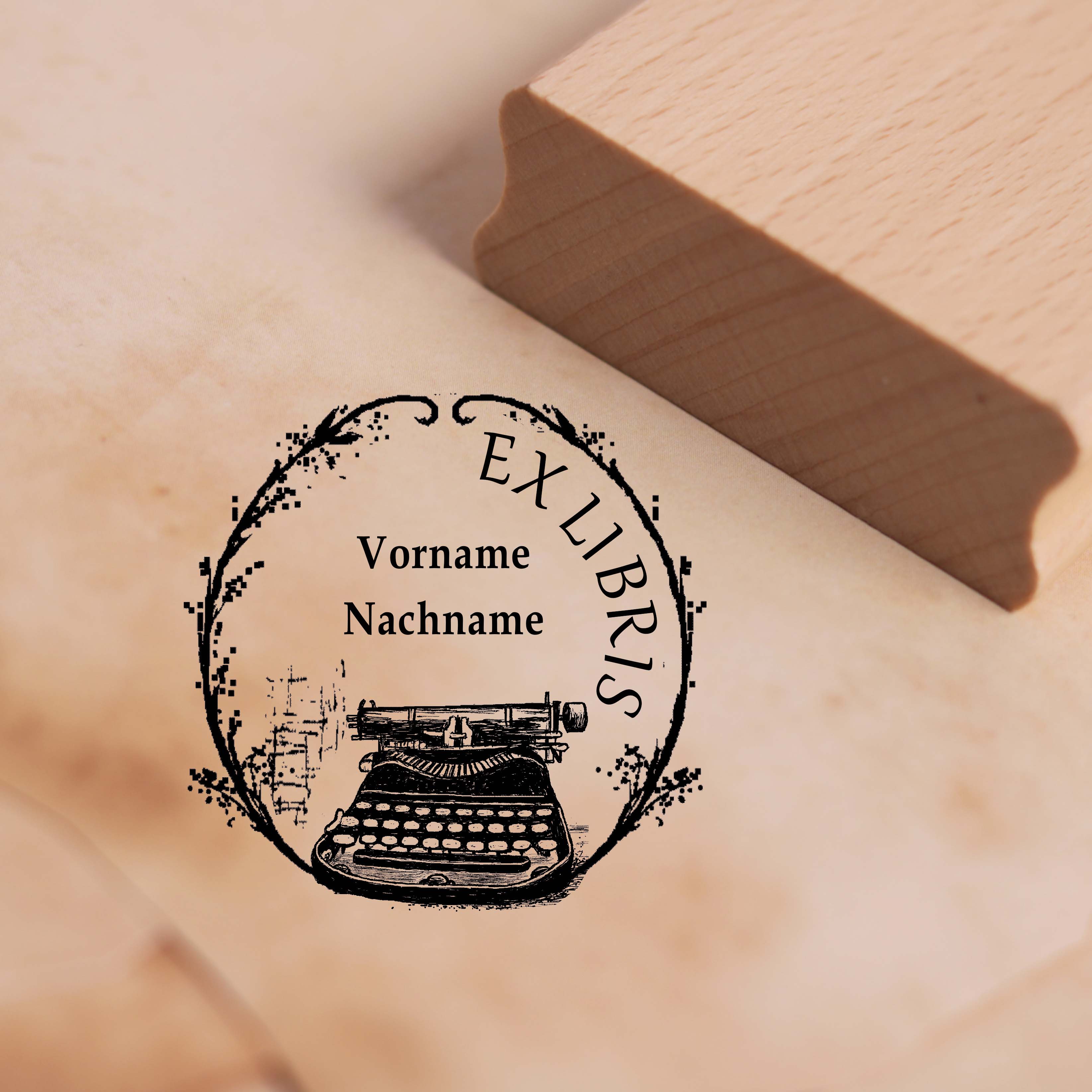 Ex Libris Stempel mit Name - Schreibmaschine - Exlibris Motivstempel Ø 48 mm