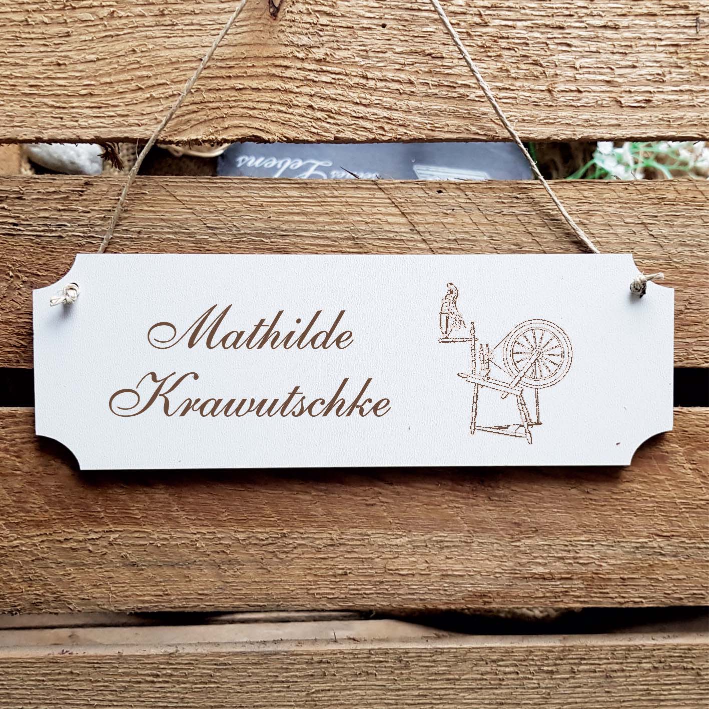 Schild « Spinnrad » Namensschild Türschild zum Anhängen - 20 x 6,7 cm