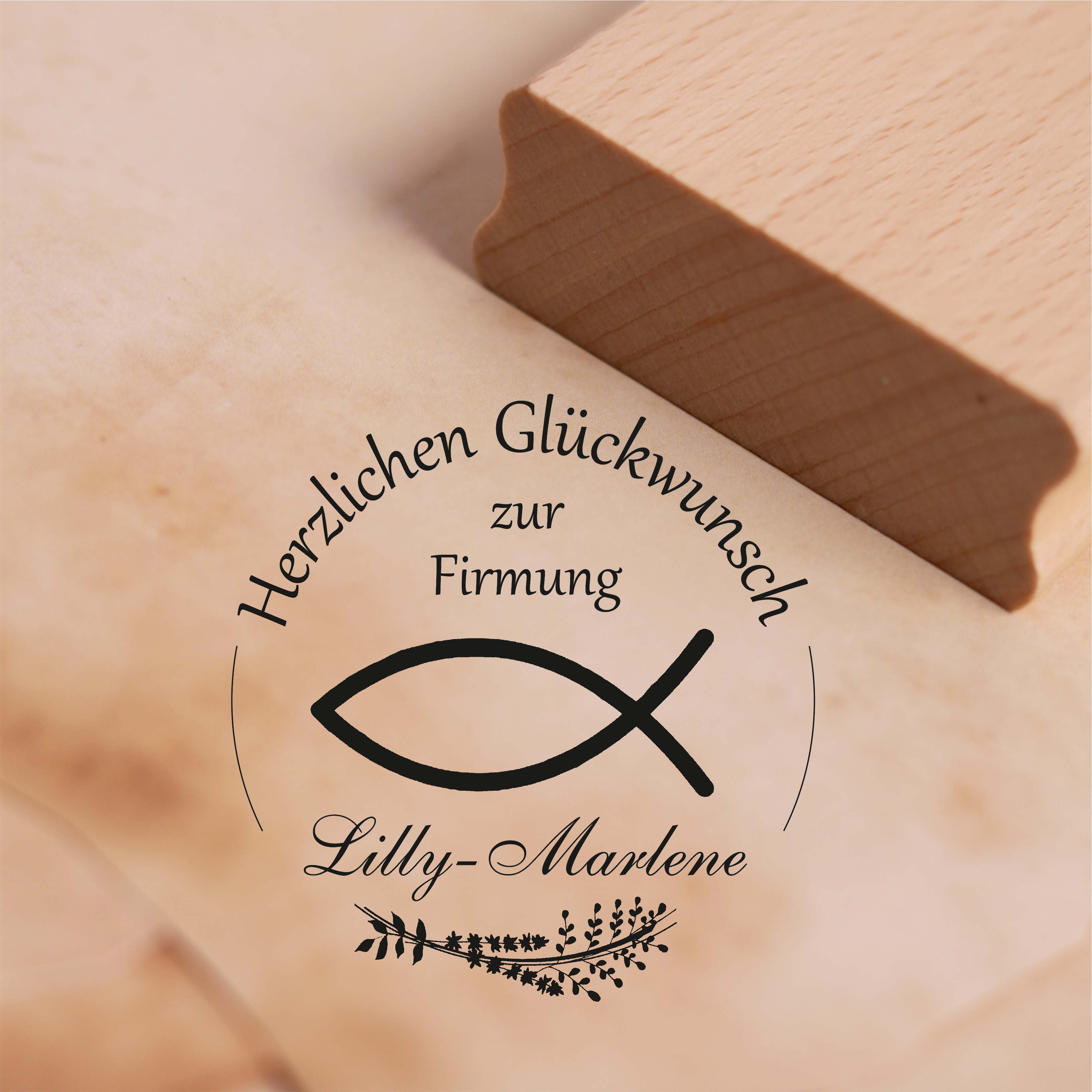 Stempel Herzlichen Glückwunsch zur Firmung mit Name - Christenfisch Kranz Motivstempel 38 x 38 mm