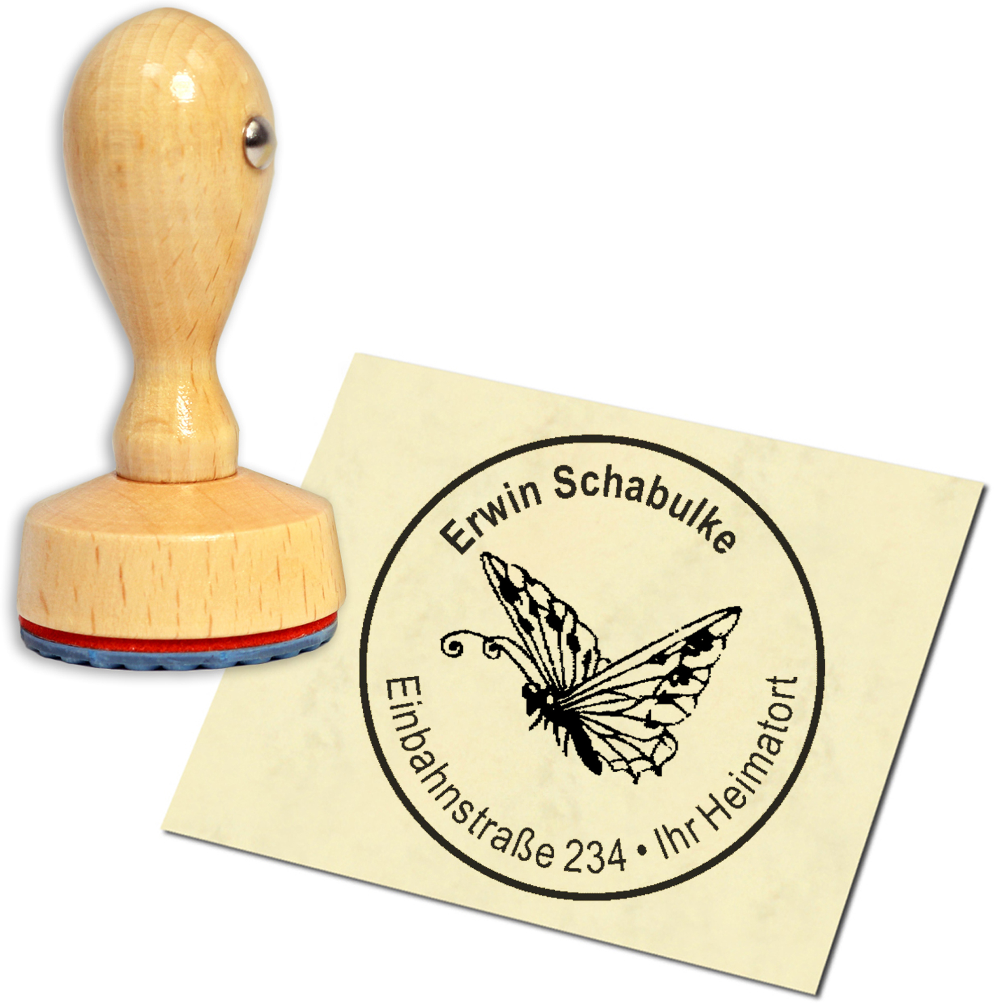 Stempel Adressstempel Holzstempel - fliegender Schmetterling - rund 40mm
