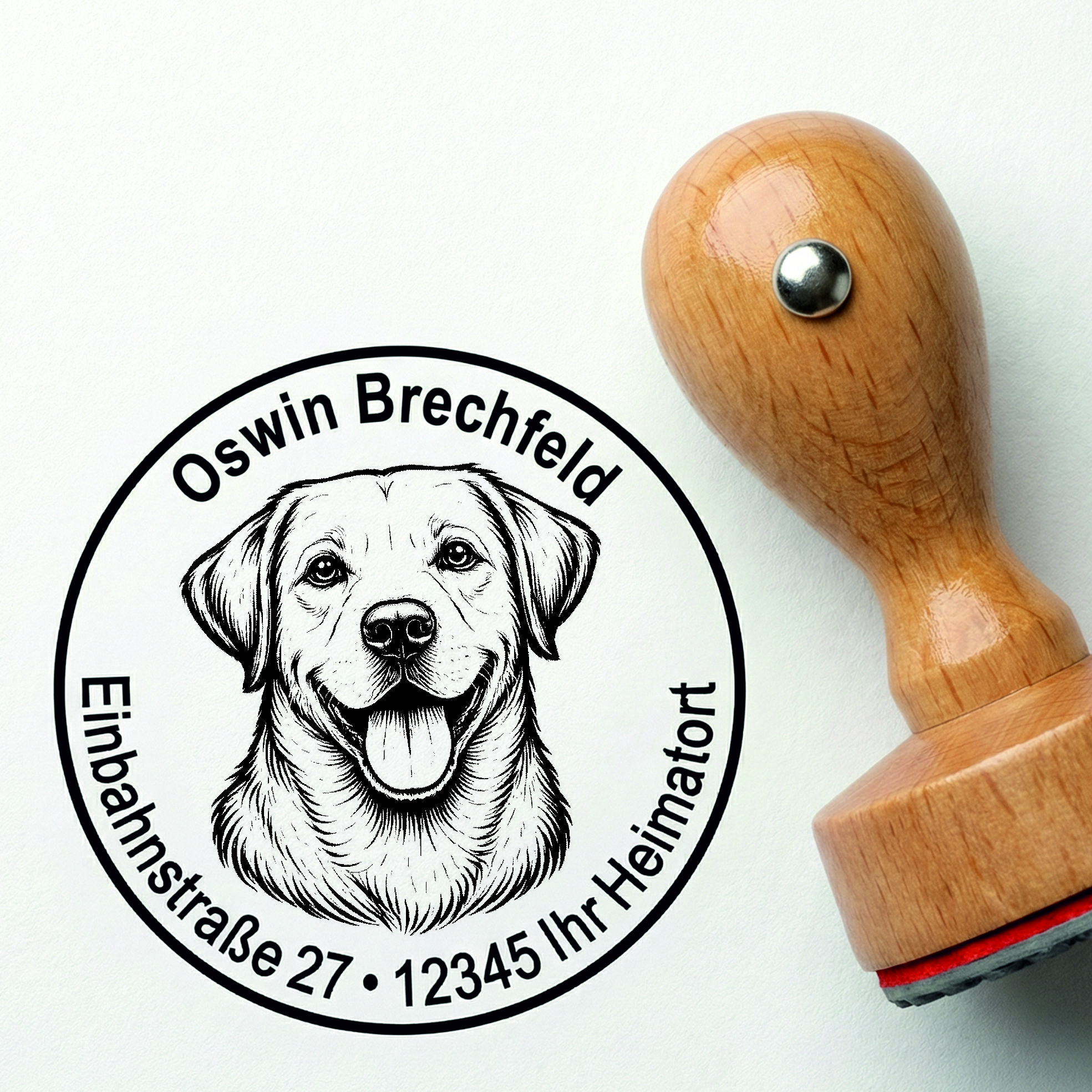 Stempel Labrador personalisiert – Hund Holzstempel mit Name & Adresse