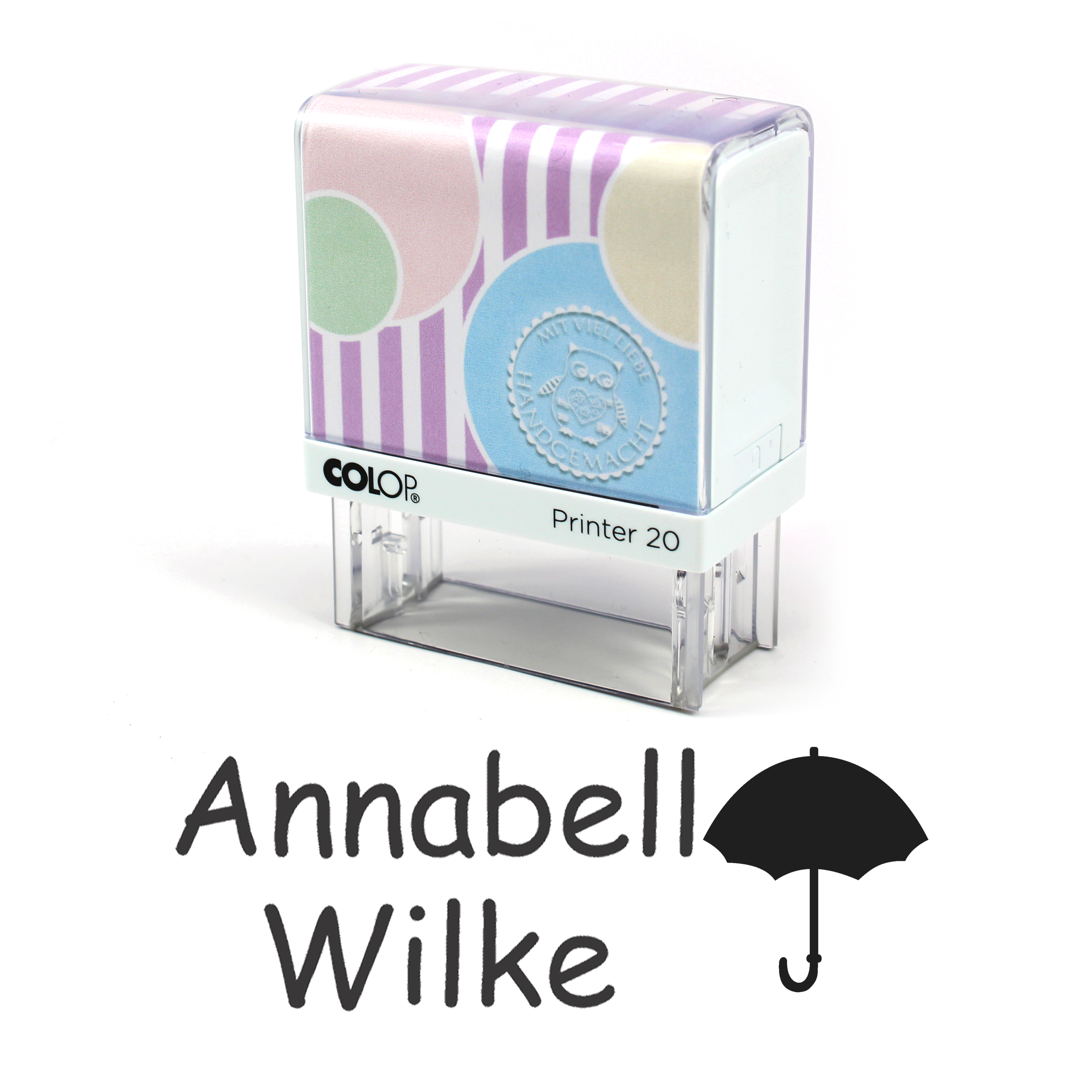 Textilstempel Regenschirm - personalisierter Automatikstempel mit Namen - für Textilien Kleidung