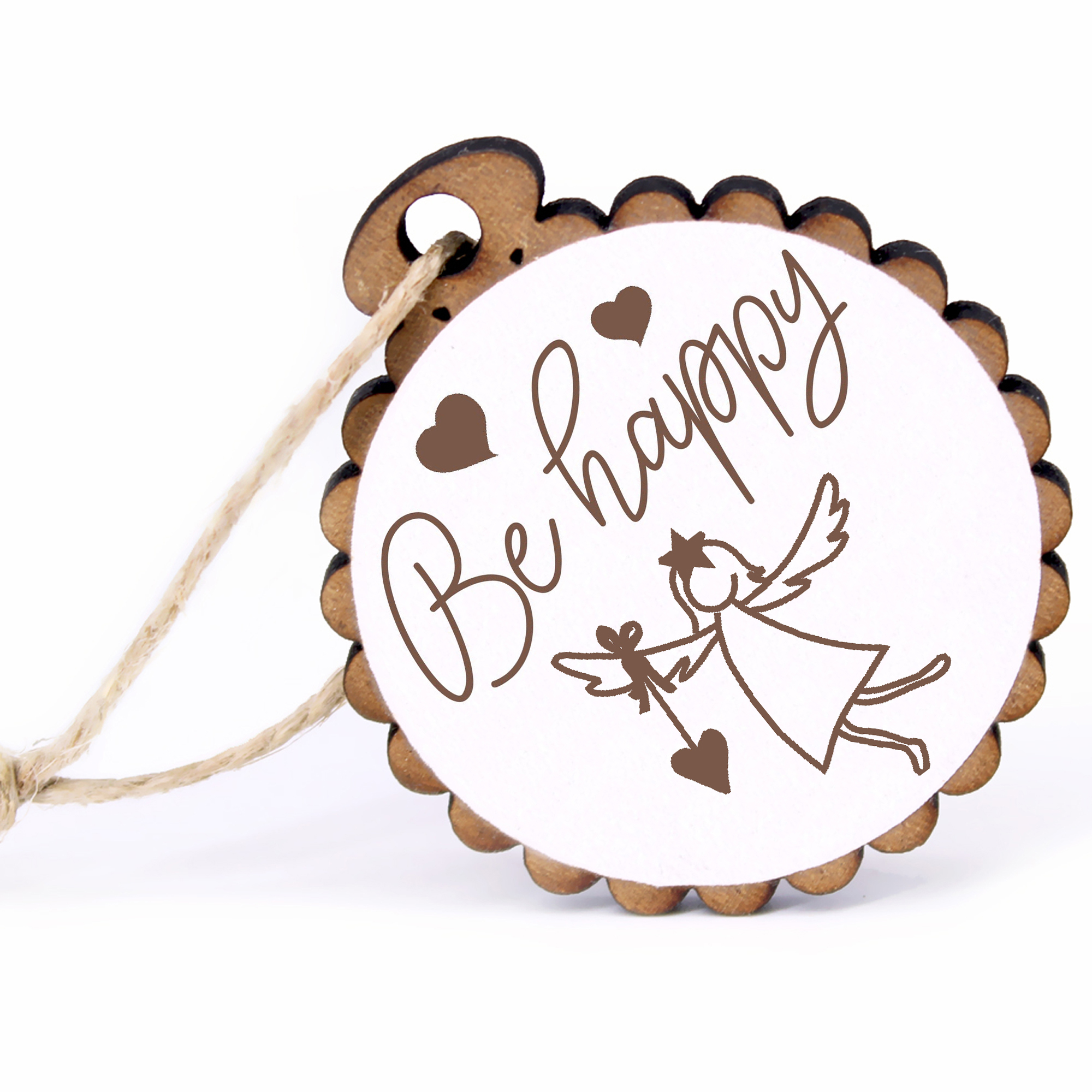 Geschenkanhänger - Be Happy Engel Schutzengel mit Herz -  Holz Ø-5cm - mit Juteband