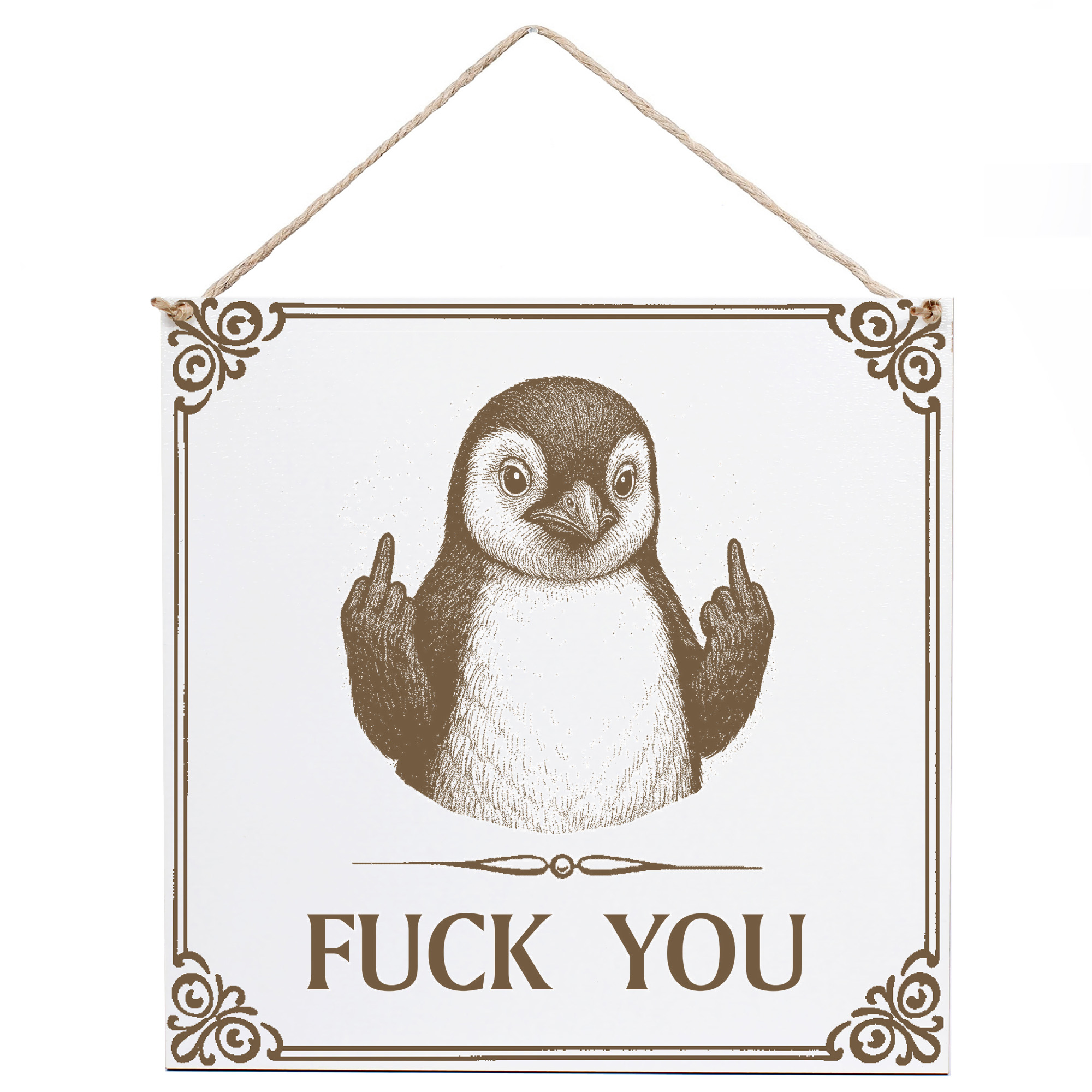 Pinguin Wandschild „Fuck You“ – Weißes HDF-Dekoschild 15×15 cm (auch 20×20 cm)