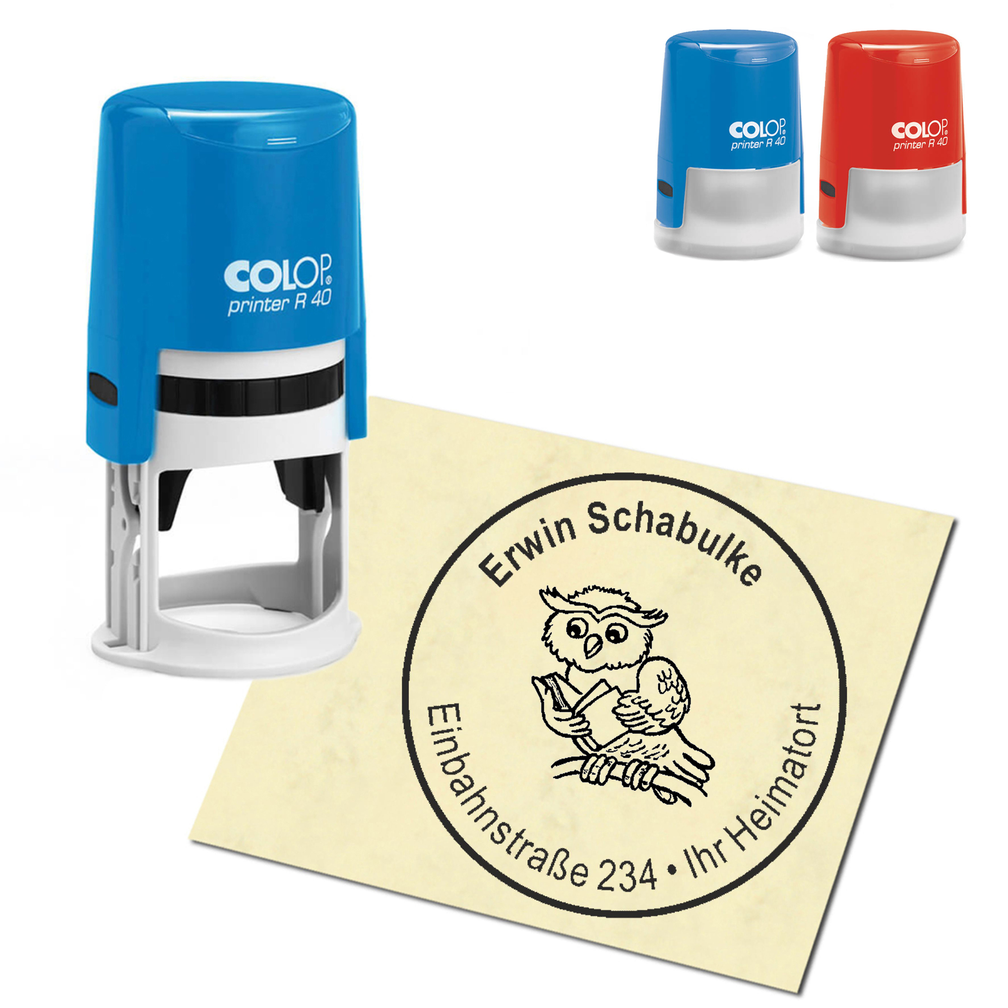 Stempel Adressstempel personalisiert - niedliche Eule mit Buch - rund &empty; 40mm