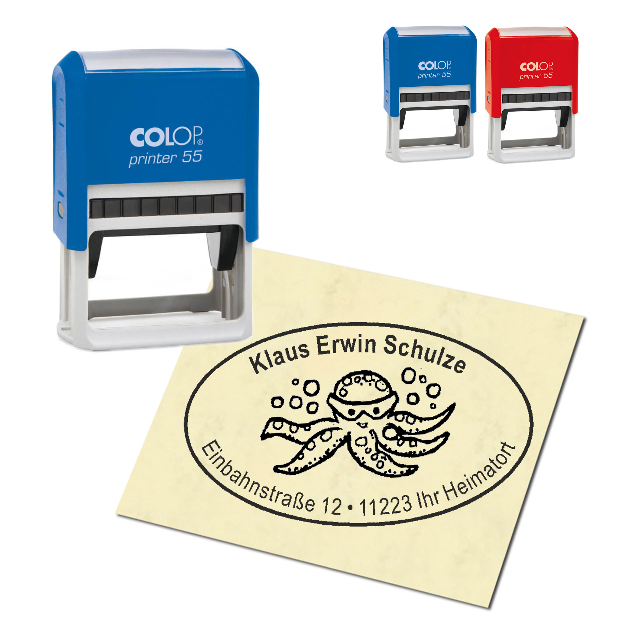 Adressstempel personalisiert Stempel - Krake mit Taucherbrille - oval 59 x 39 mm