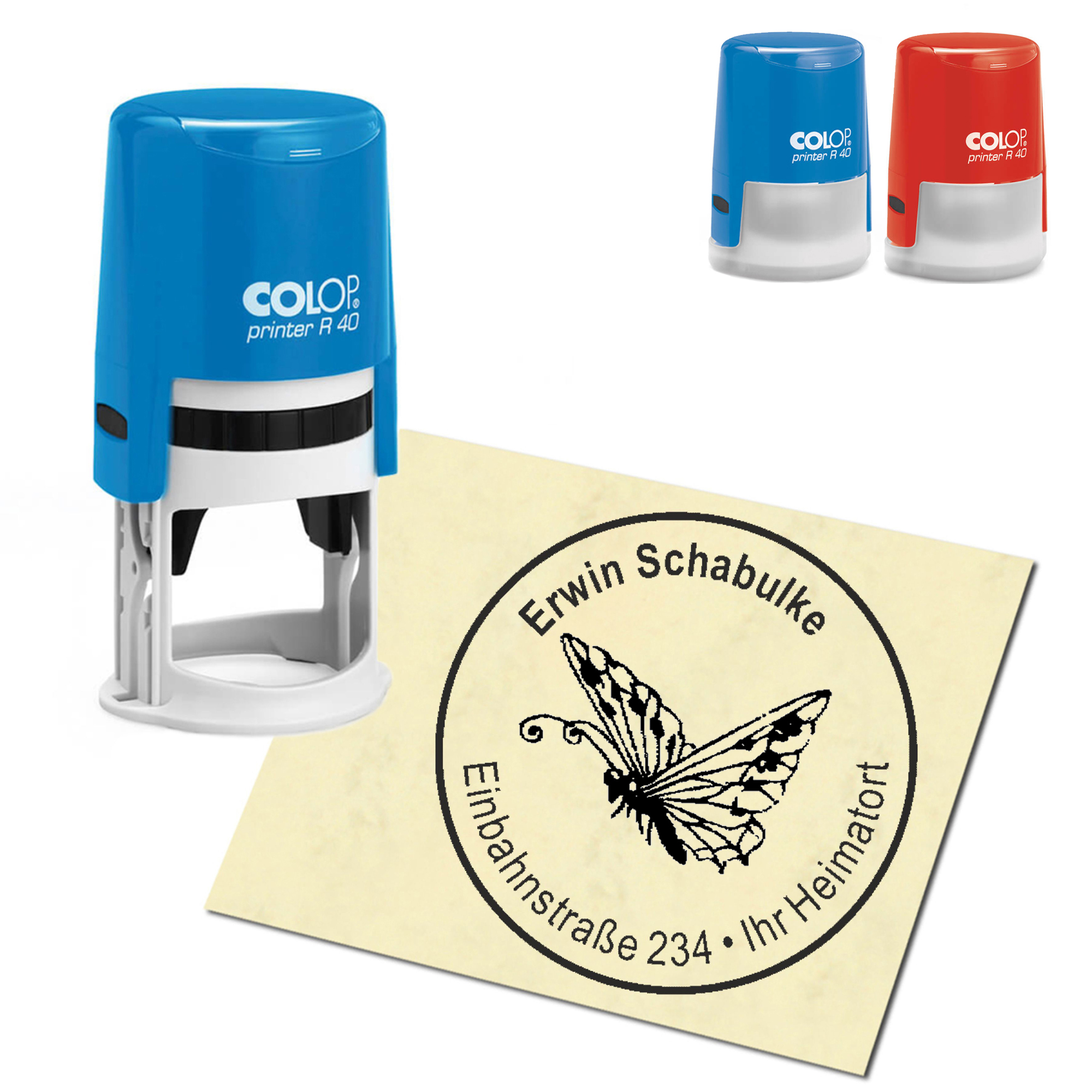 Stempel Adressstempel personalisiert - fliegender Schmetterling - rund &empty; 40mm