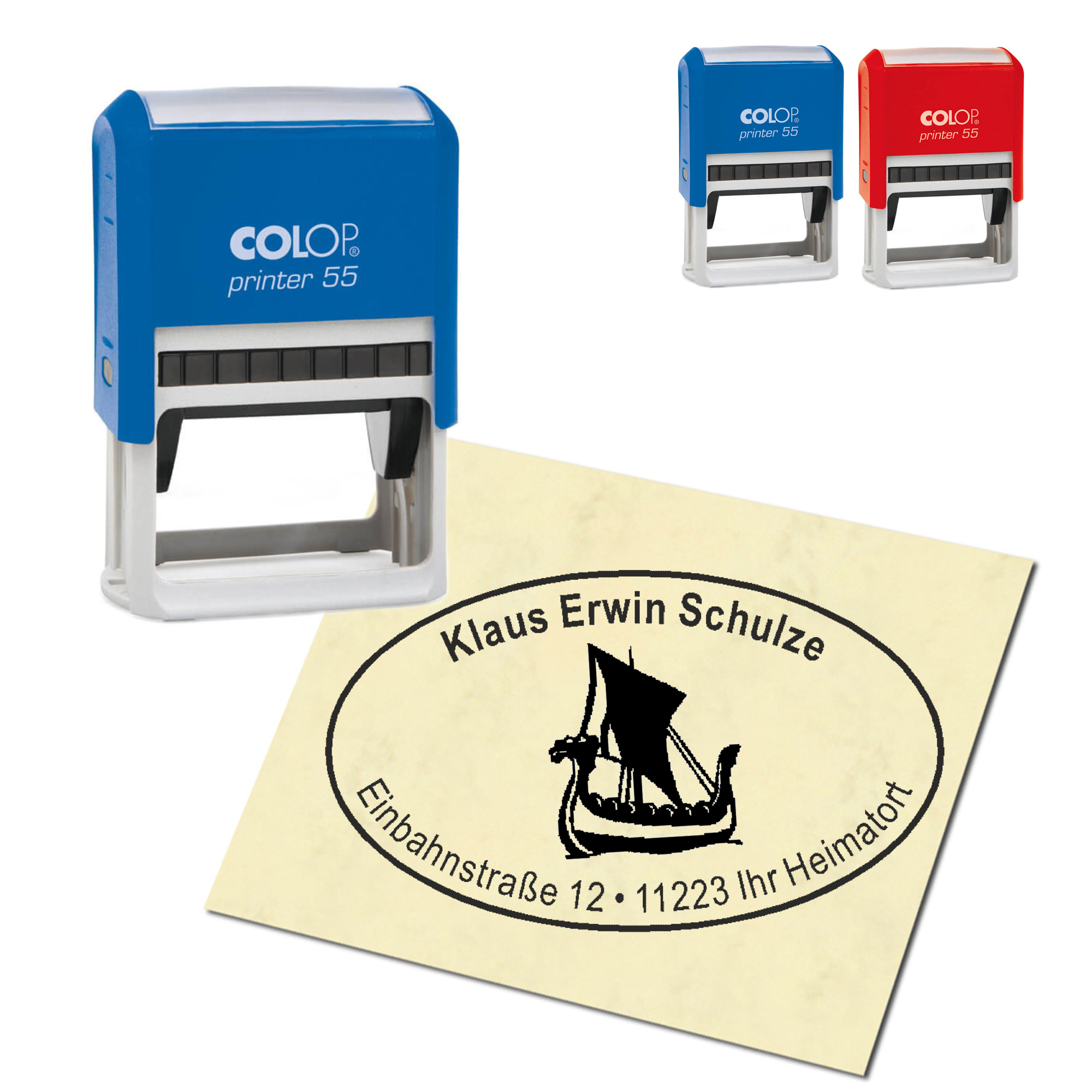 Adressstempel personalisiert Stempel - Wikingerschiff - oval 59 x 39 mm