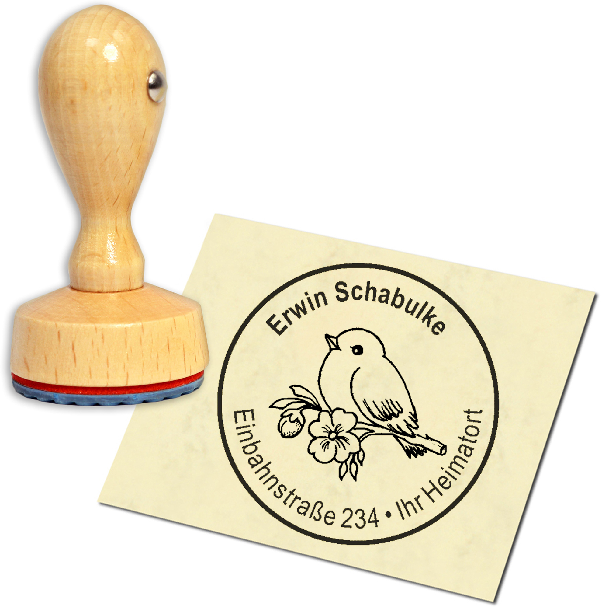 Stempel Adressstempel Holzstempel - Kleiner Vogel - rund 40mm