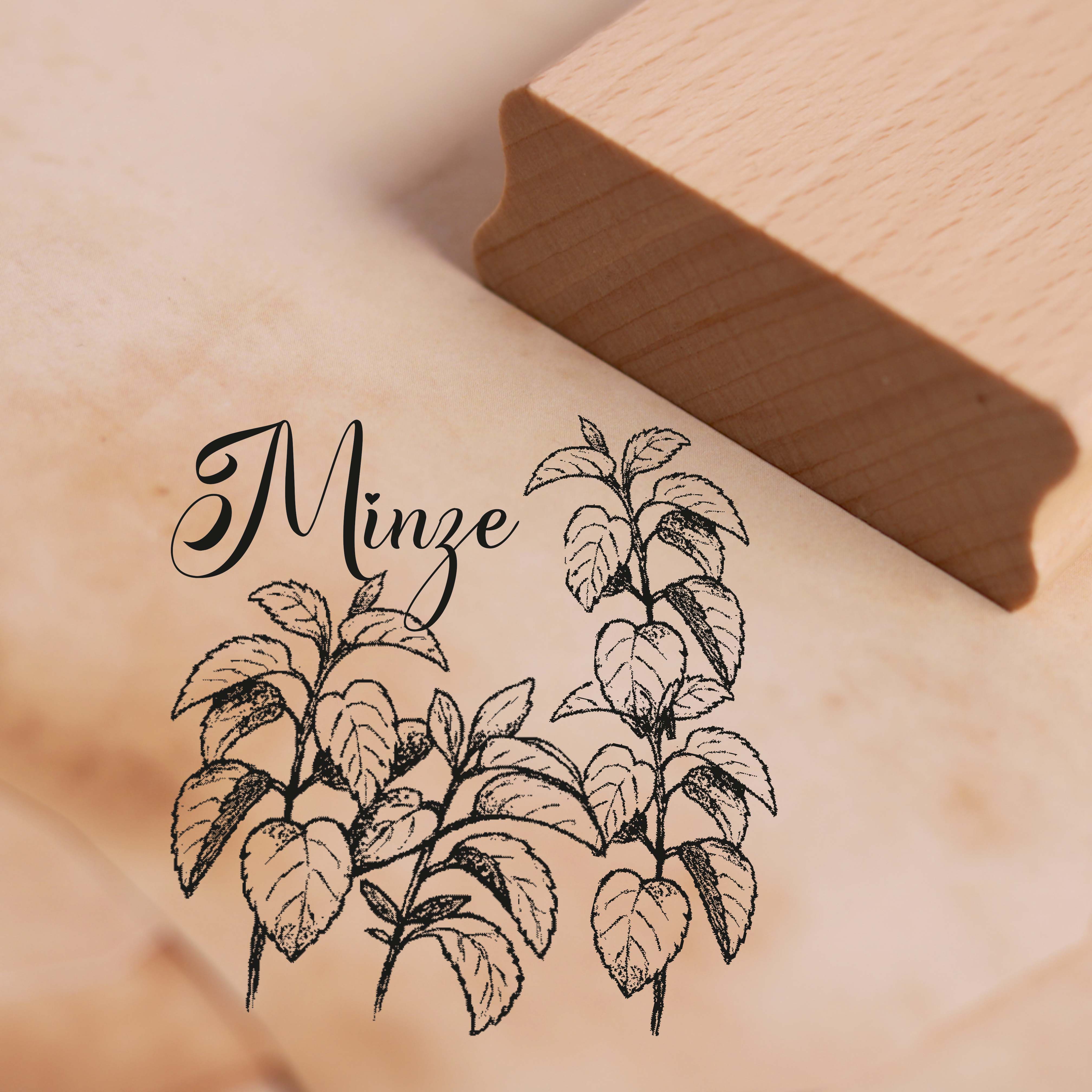 Motivstempel Minze - Kräuter Küchenkräuter Stempel Holzstempel 48 x 48 mm