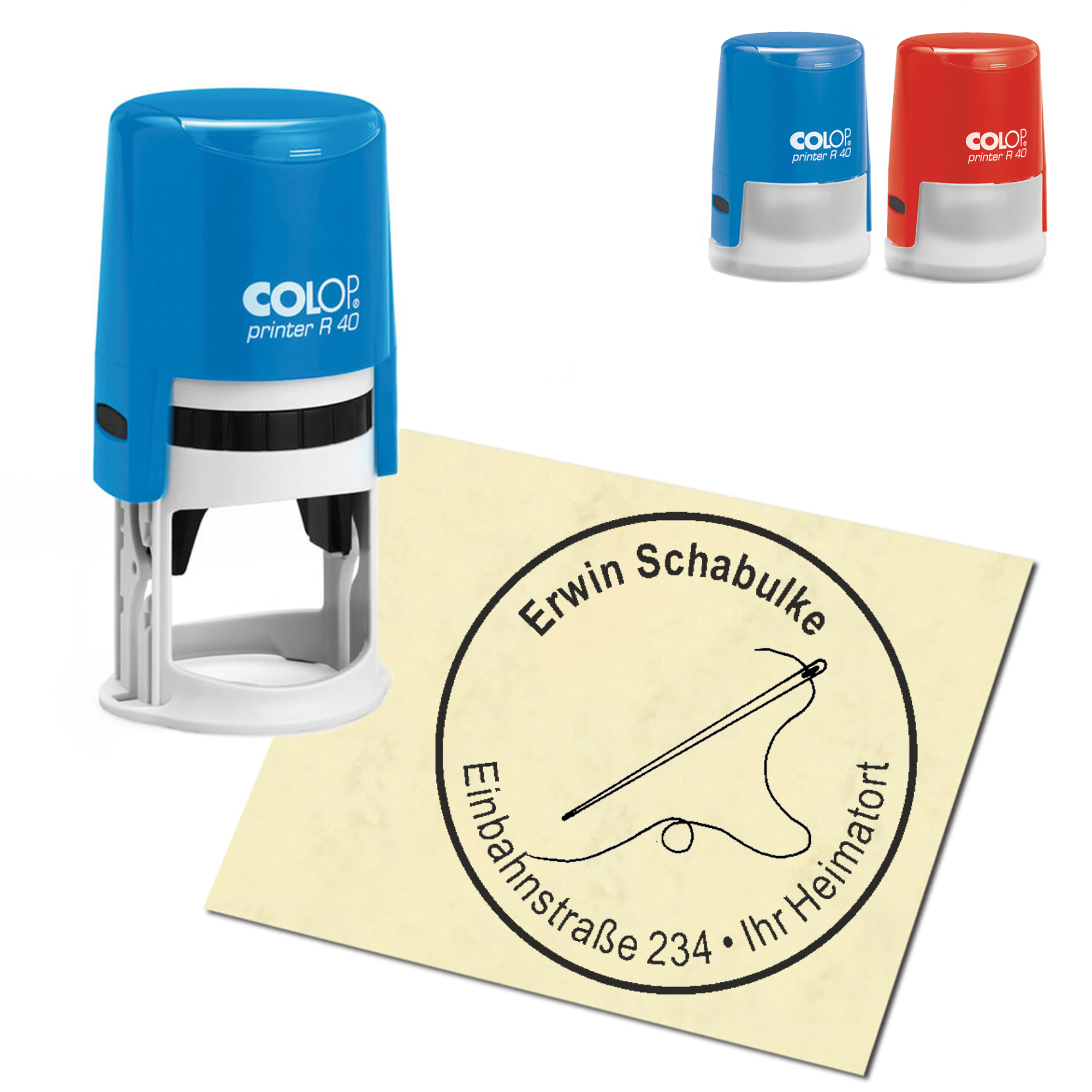 Stempel Adressstempel personalisiert - Nadel und Faden - rund &empty; 40mm