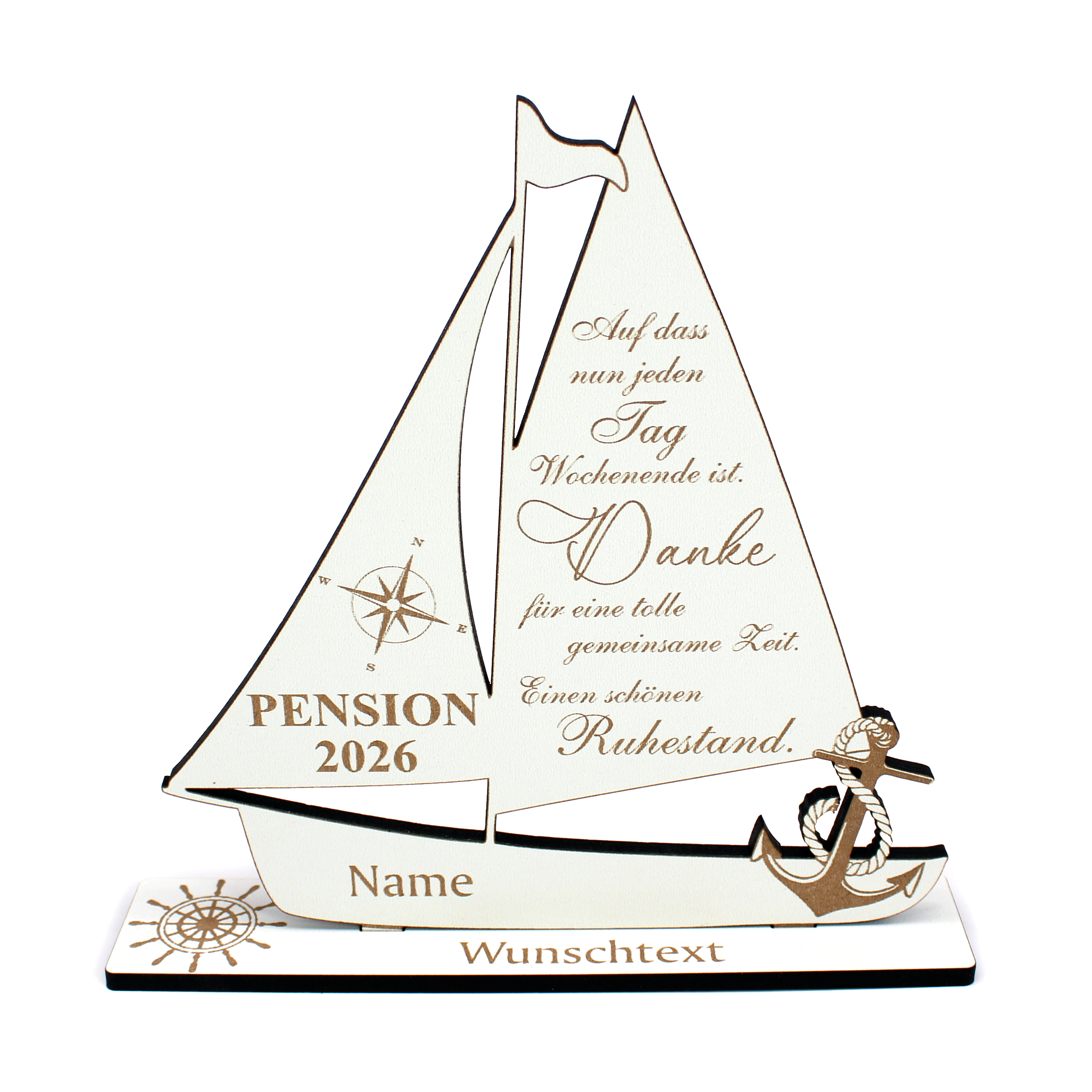 Geldgeschenk Pension 2026 personalisiert mit Name, Jahreszahl & Wunschtext – Schiff mit Spruch 20 x 20 cm
