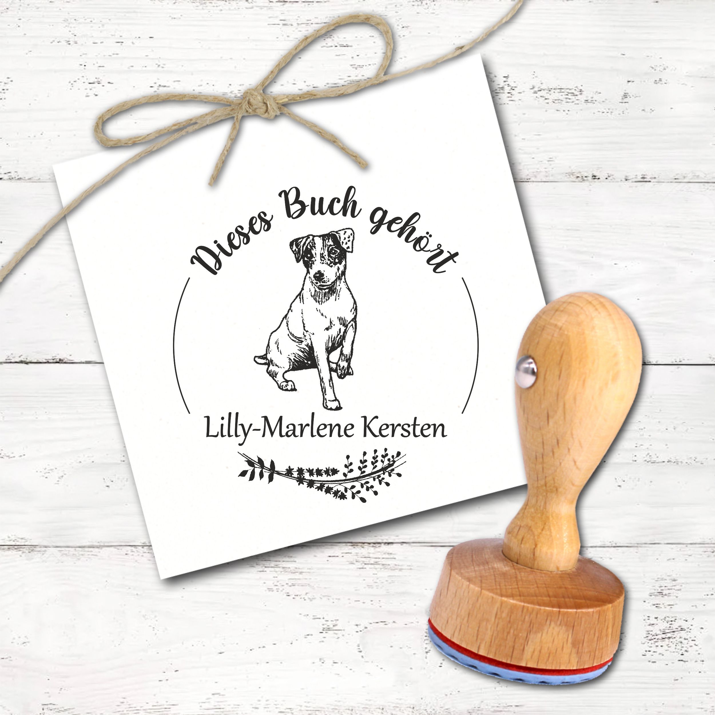 Ex Libris Stempel personalisiert mit Namen Motiv Jack Russell Terrier - Bücherstempel individuell - für Kinder, Schule & Lehrer - Ø 38 mm