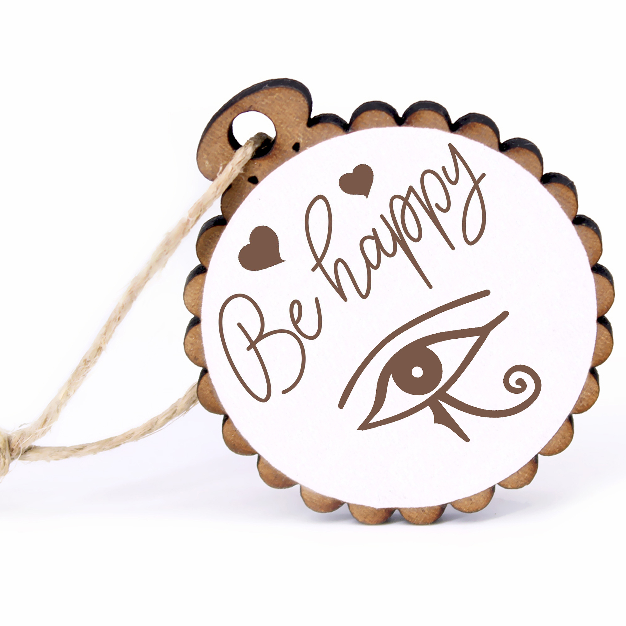 Geschenkanhänger - Be Happy Horusauge -  Holz Ø-5cm - mit Juteband
