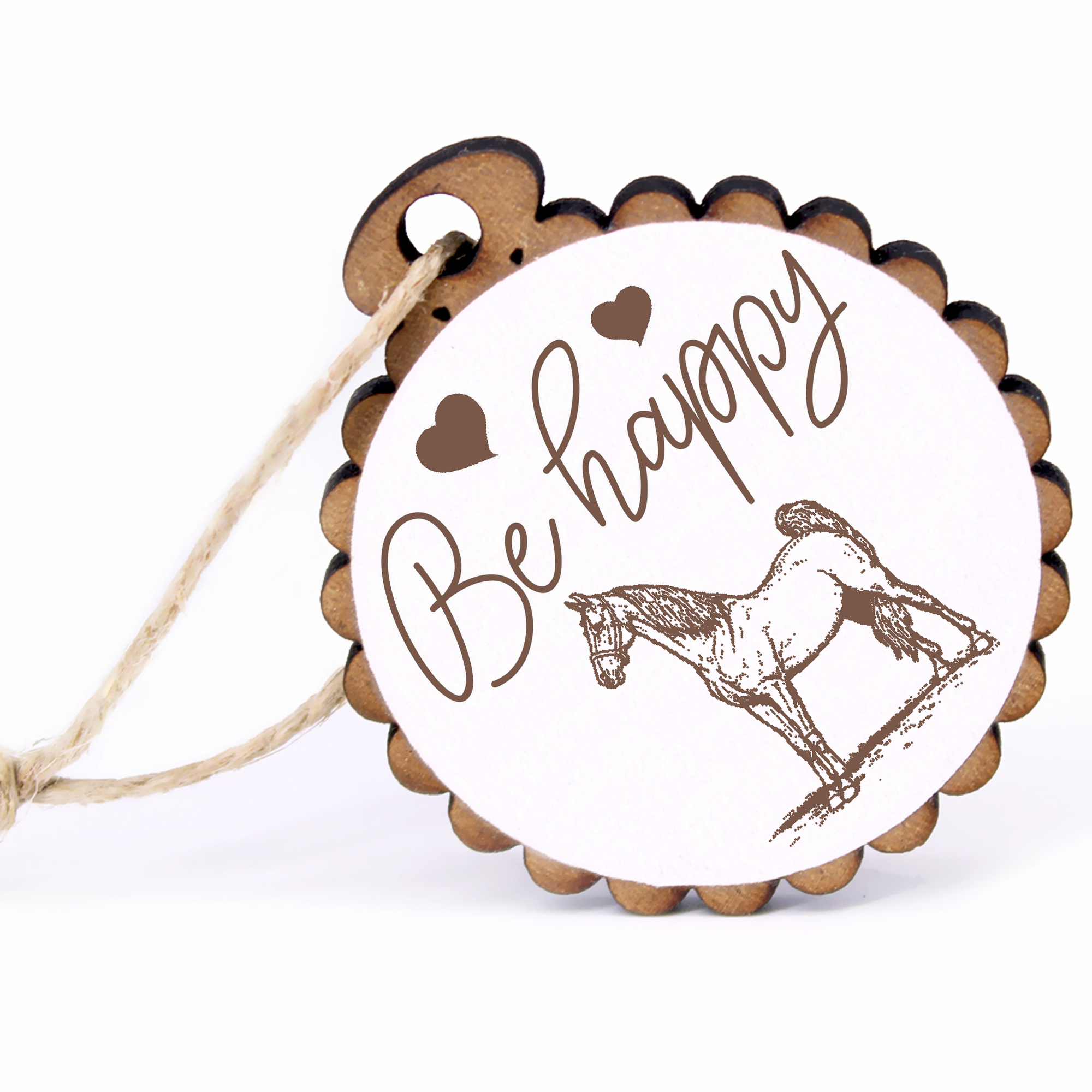 Geschenkanhänger - Be Happy American Pferd -  Holz Ø-5cm - mit Juteband