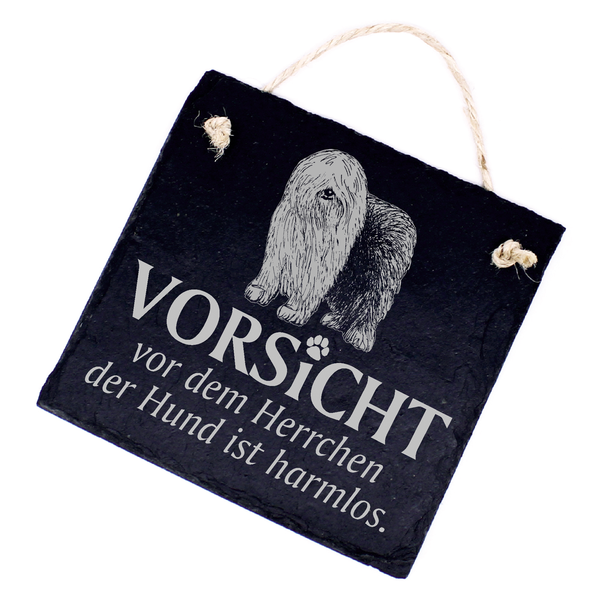 Hundeschild Bobtail Schild aus Schiefer - Vorsicht vor dem Herrchen - 11cm x 11cm