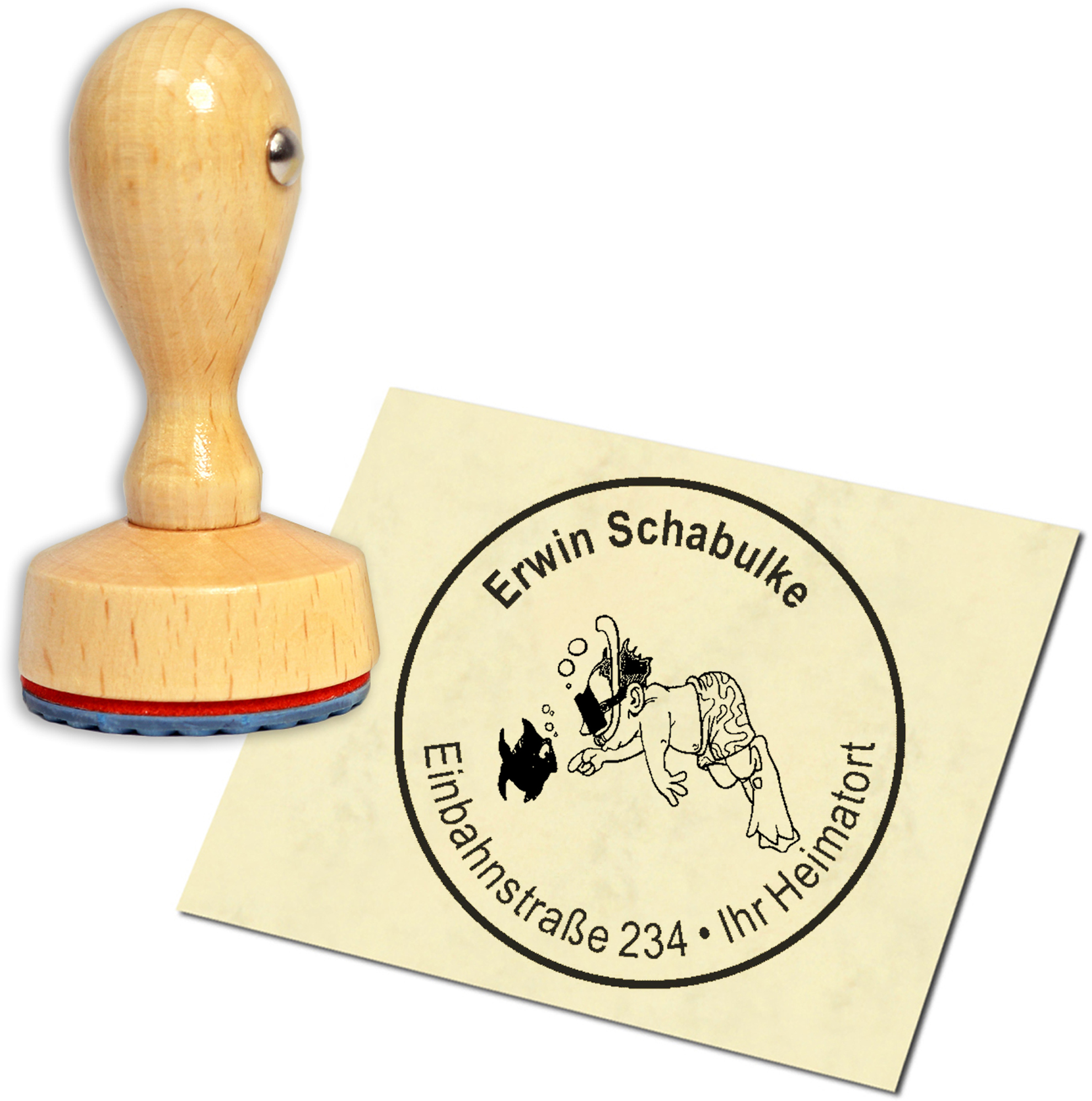 Stempel Adressstempel Holzstempel - Schnorcheln mit Fisch - rund 40mm