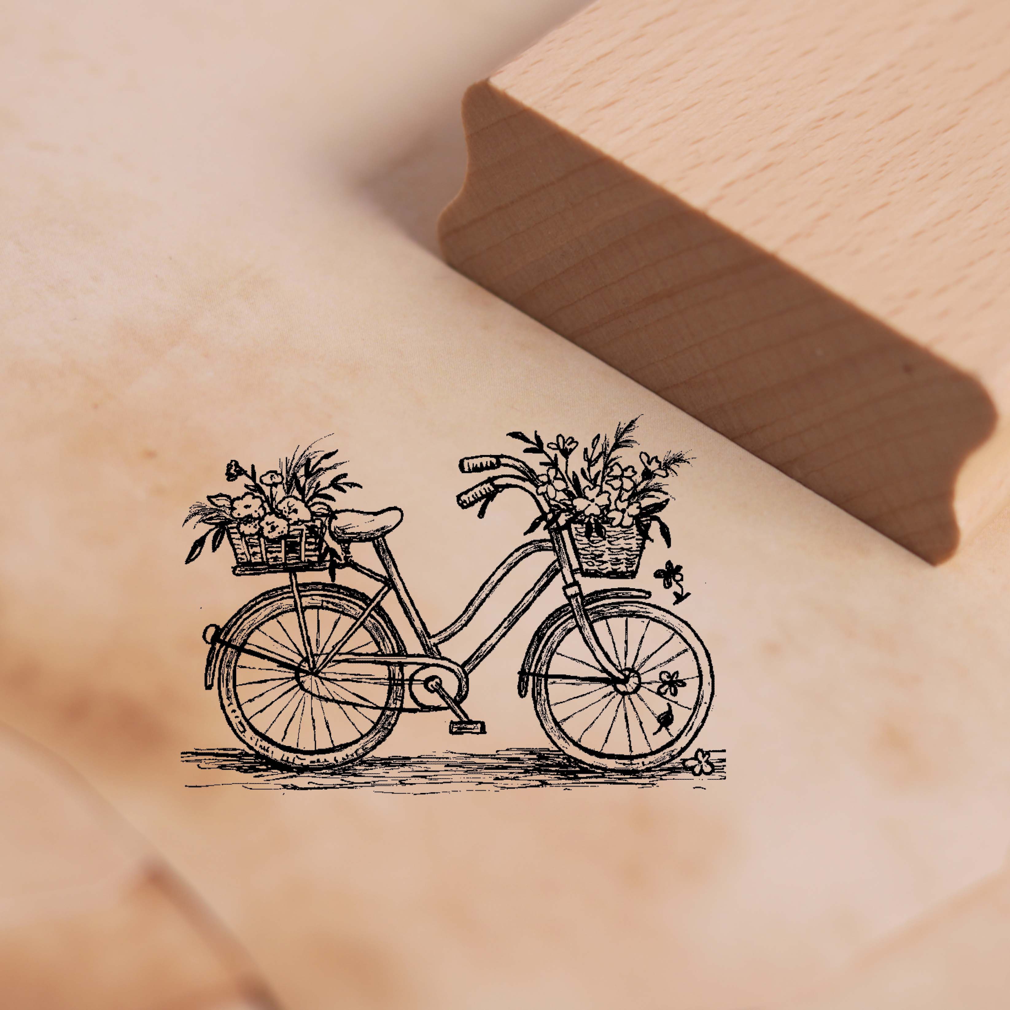 Motivstempel Vintage Fahrrad mit zwei Blumenkörben - Stempel Holzstempel 68 x 48 mm 