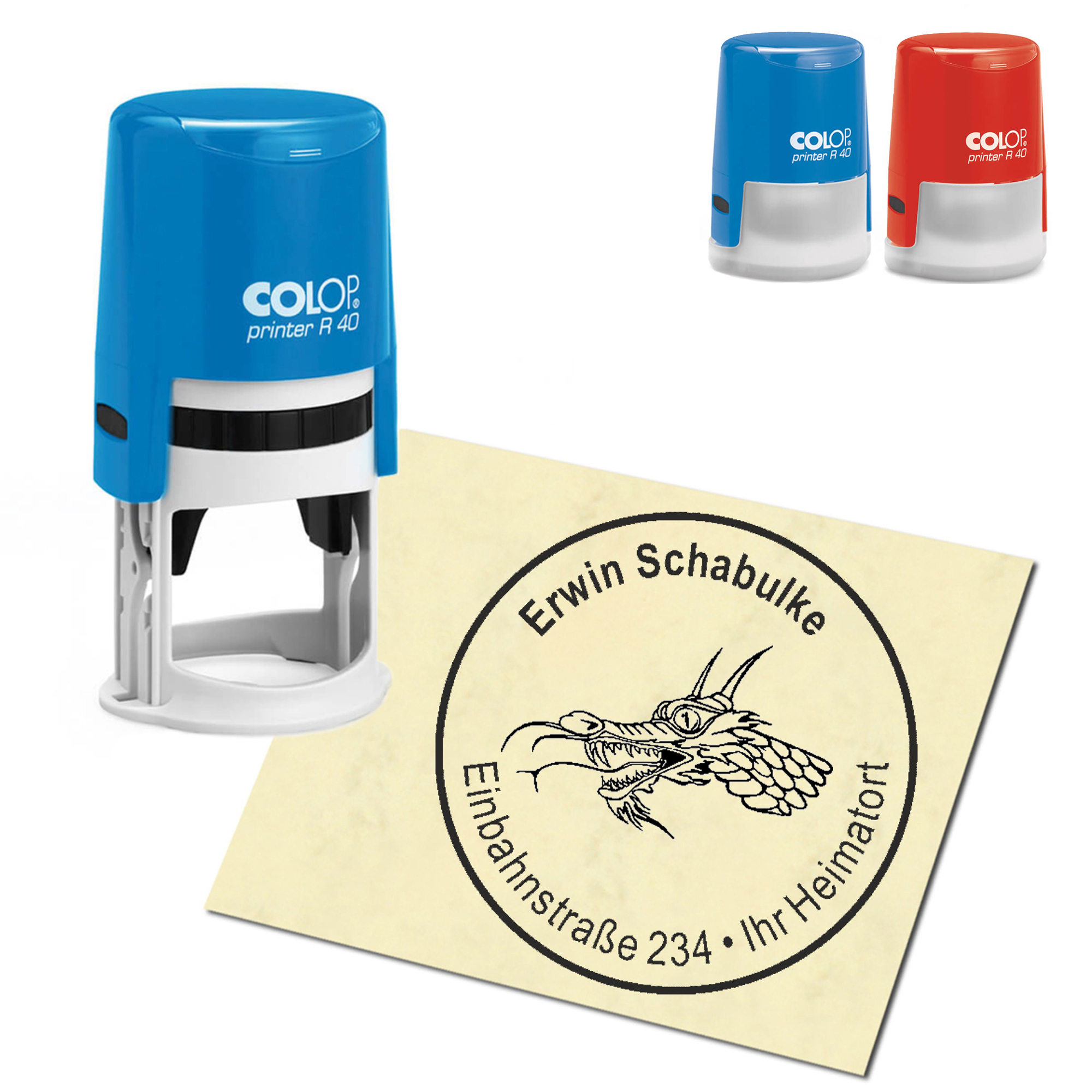 Stempel Adressstempel personalisiert - Drachenkopf - rund &empty; 40mm