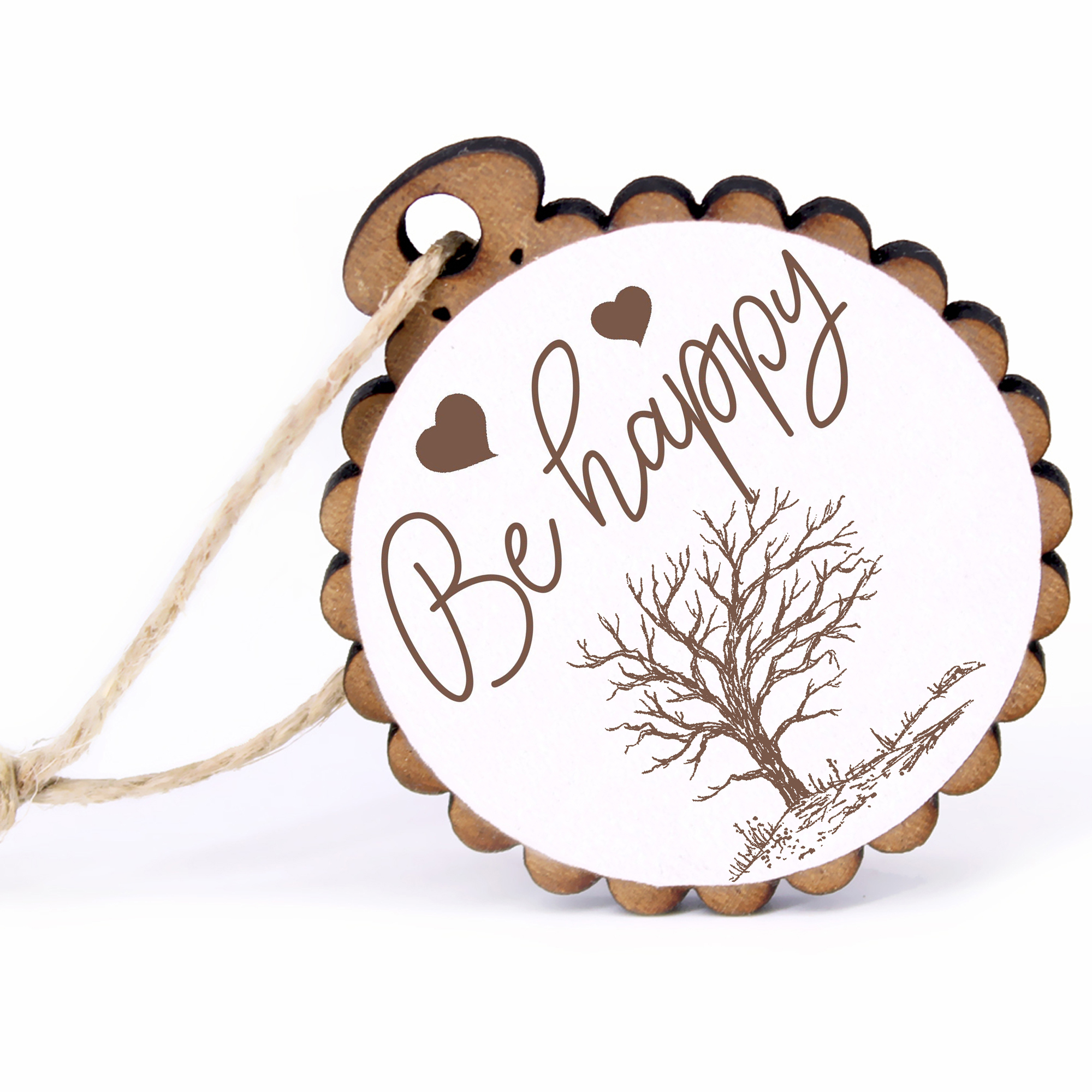 Geschenkanhänger - Be Happy Baum ohne Blätter -  Holz Ø-5cm - mit Juteband