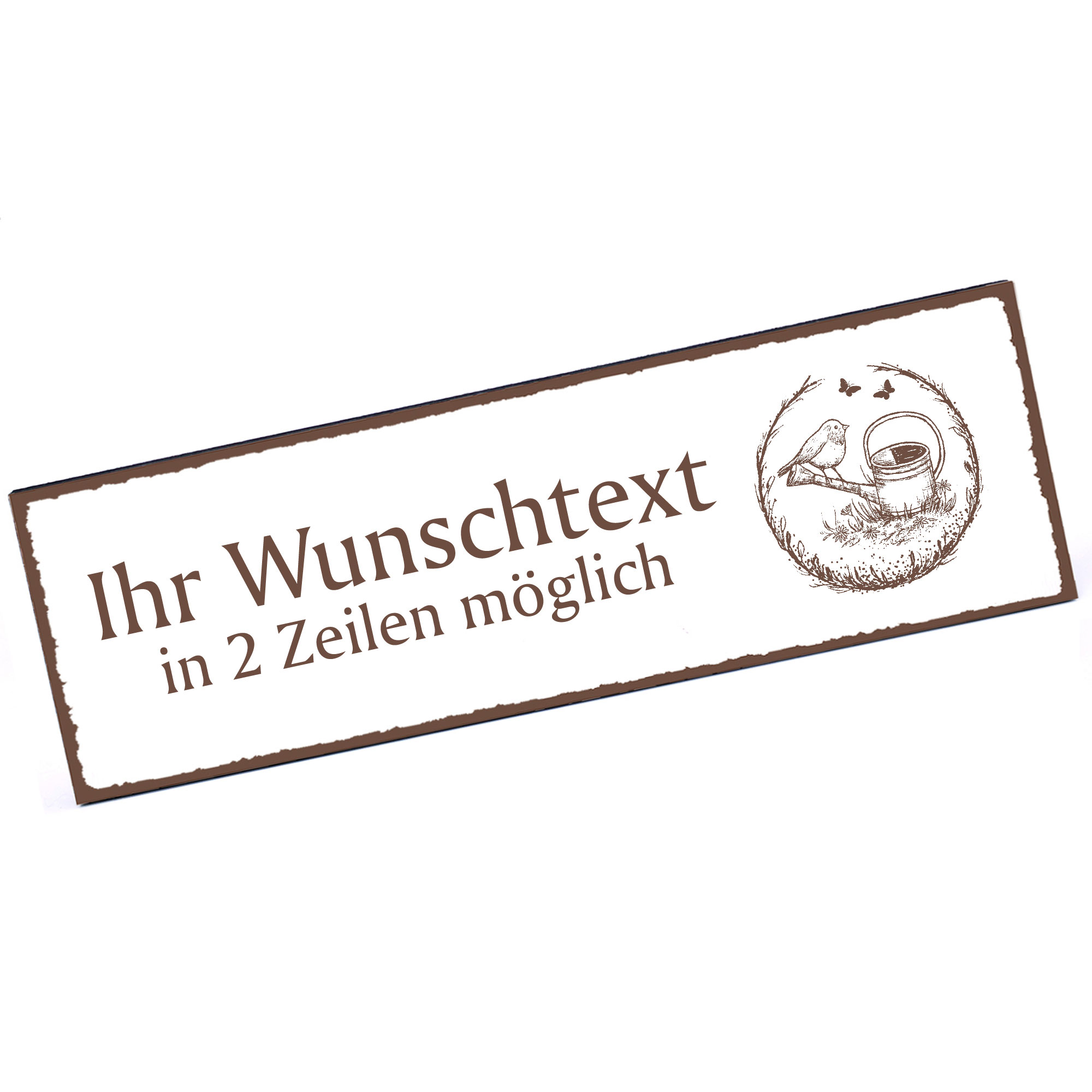 Türschild Vogel auf Gießkanne  Namensschild personalisiert mit Gravur - 150mm x 50mm - selbstklebend