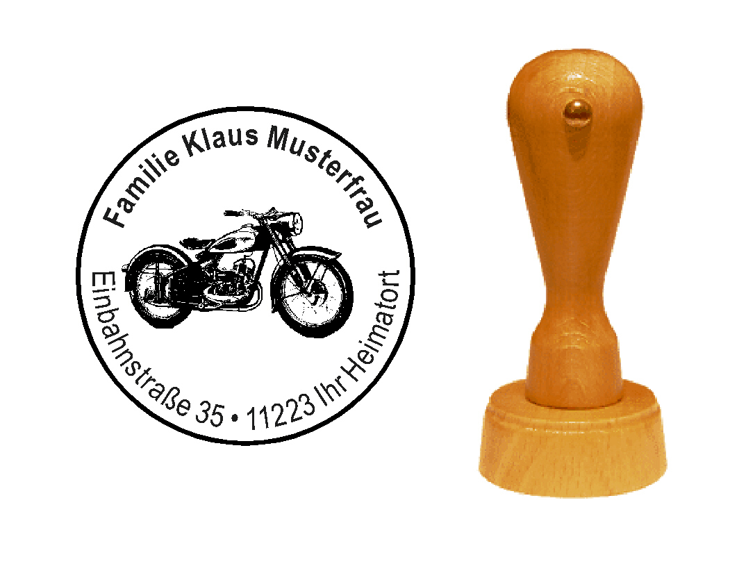 « Motorrad 6 » Holzstempel mit persönlichem Wunschtext