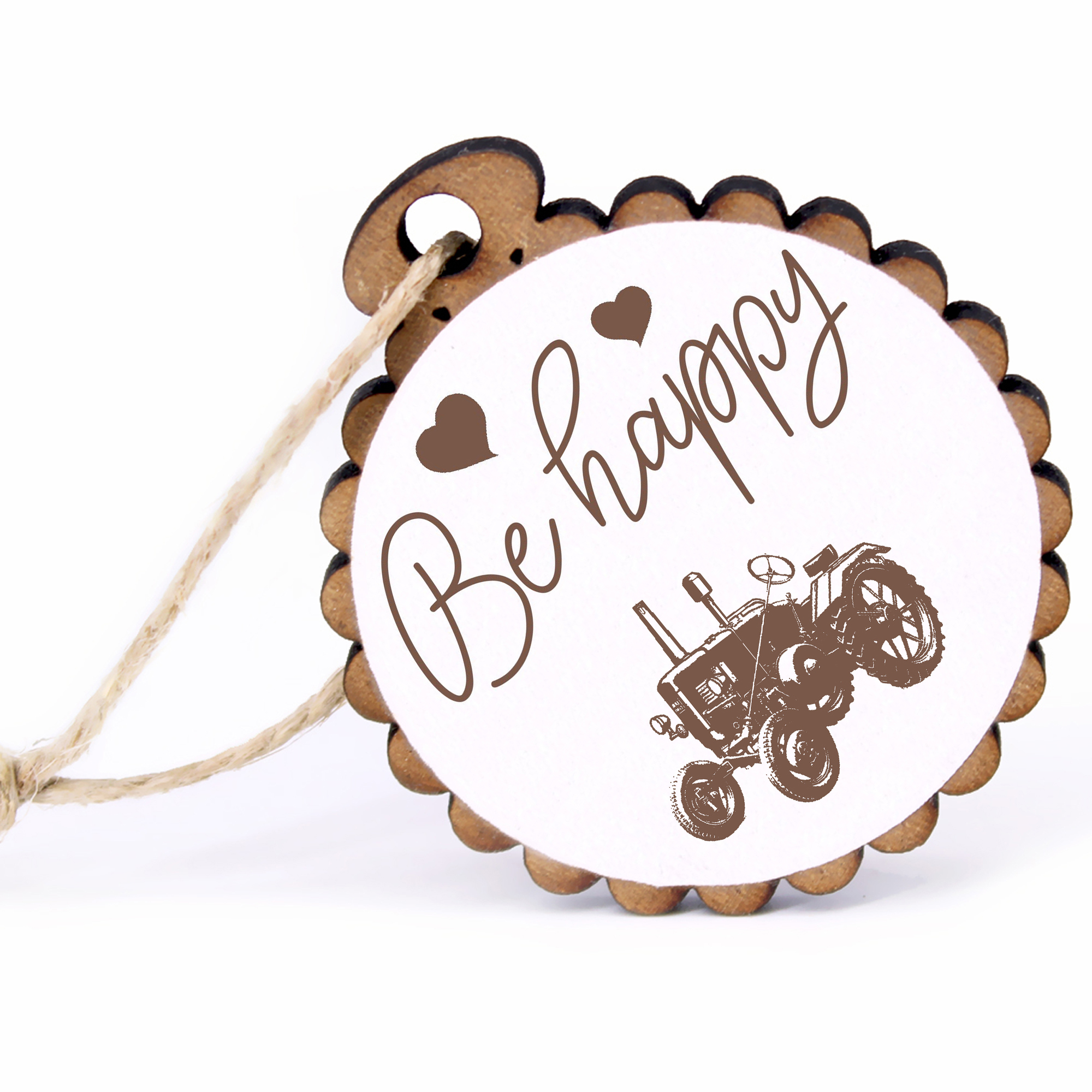 Geschenkanhänger - Be Happy alter Traktor -  Holz Ø-5cm - mit Juteband